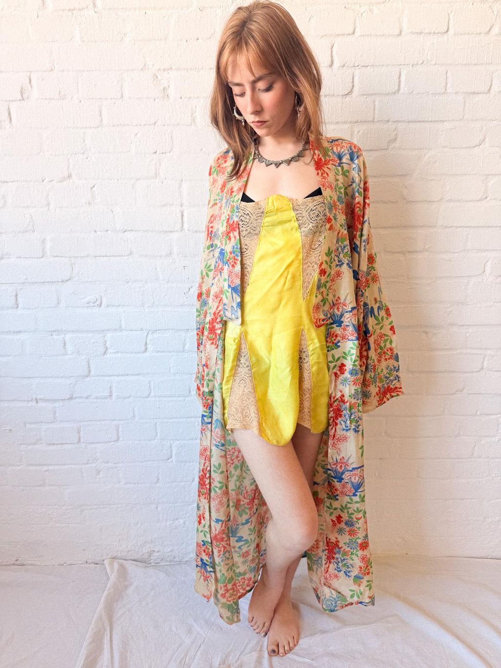 1920s Lemon Yellow Rayon Satin & Lace French Lingerie Slip