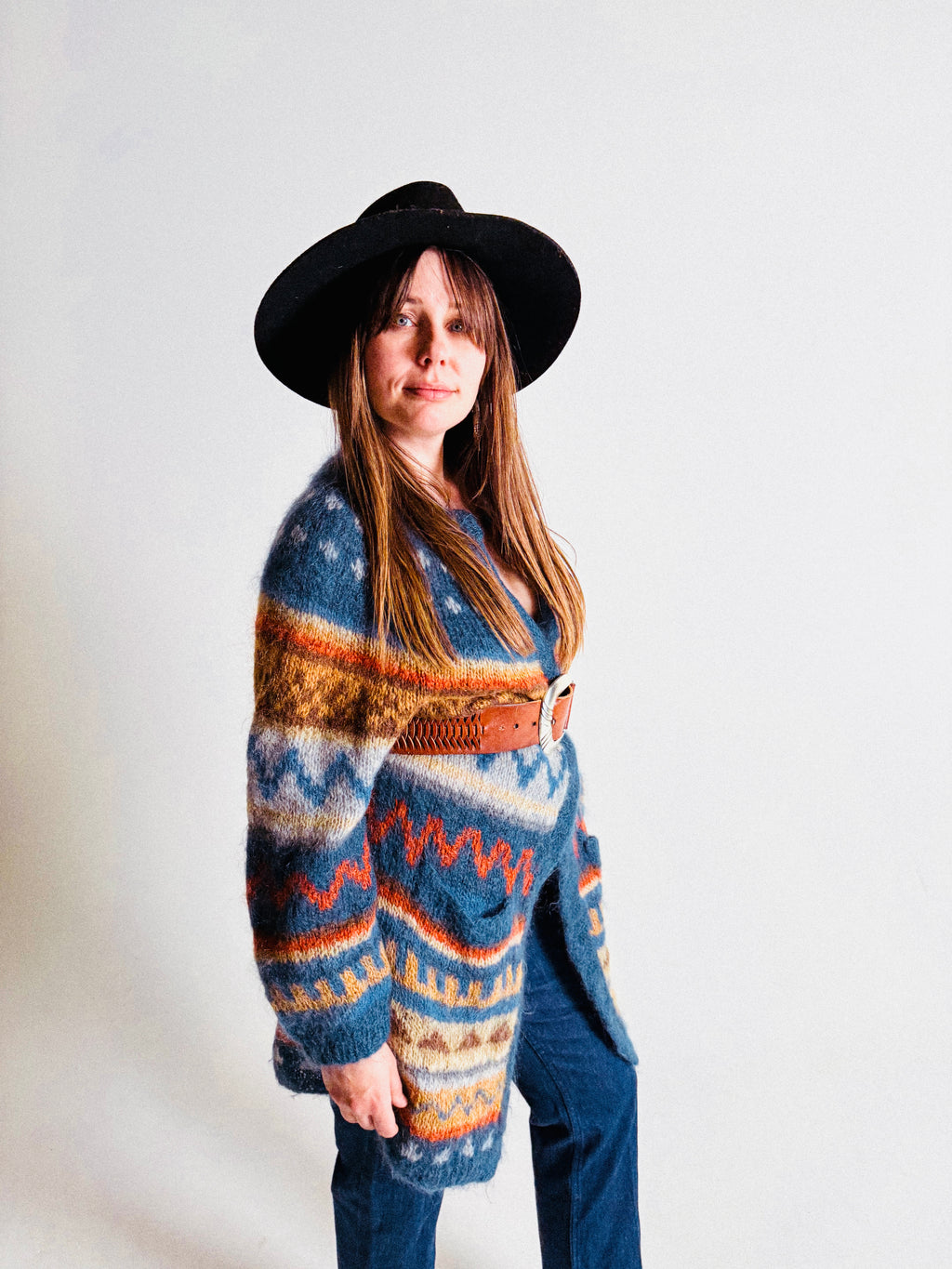 1970s/80s Long Mohair Cardigan with Nordic Pattern