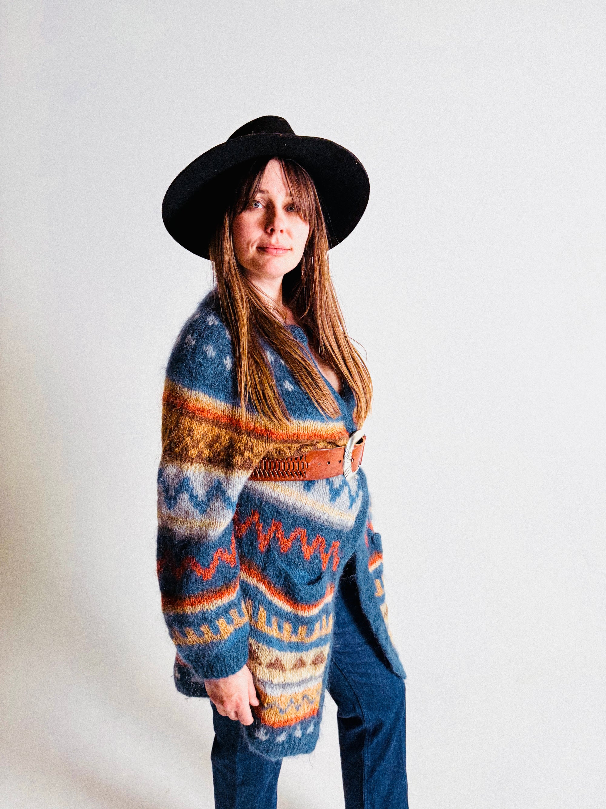 1970s/80s Long Mohair Cardigan with Nordic Pattern