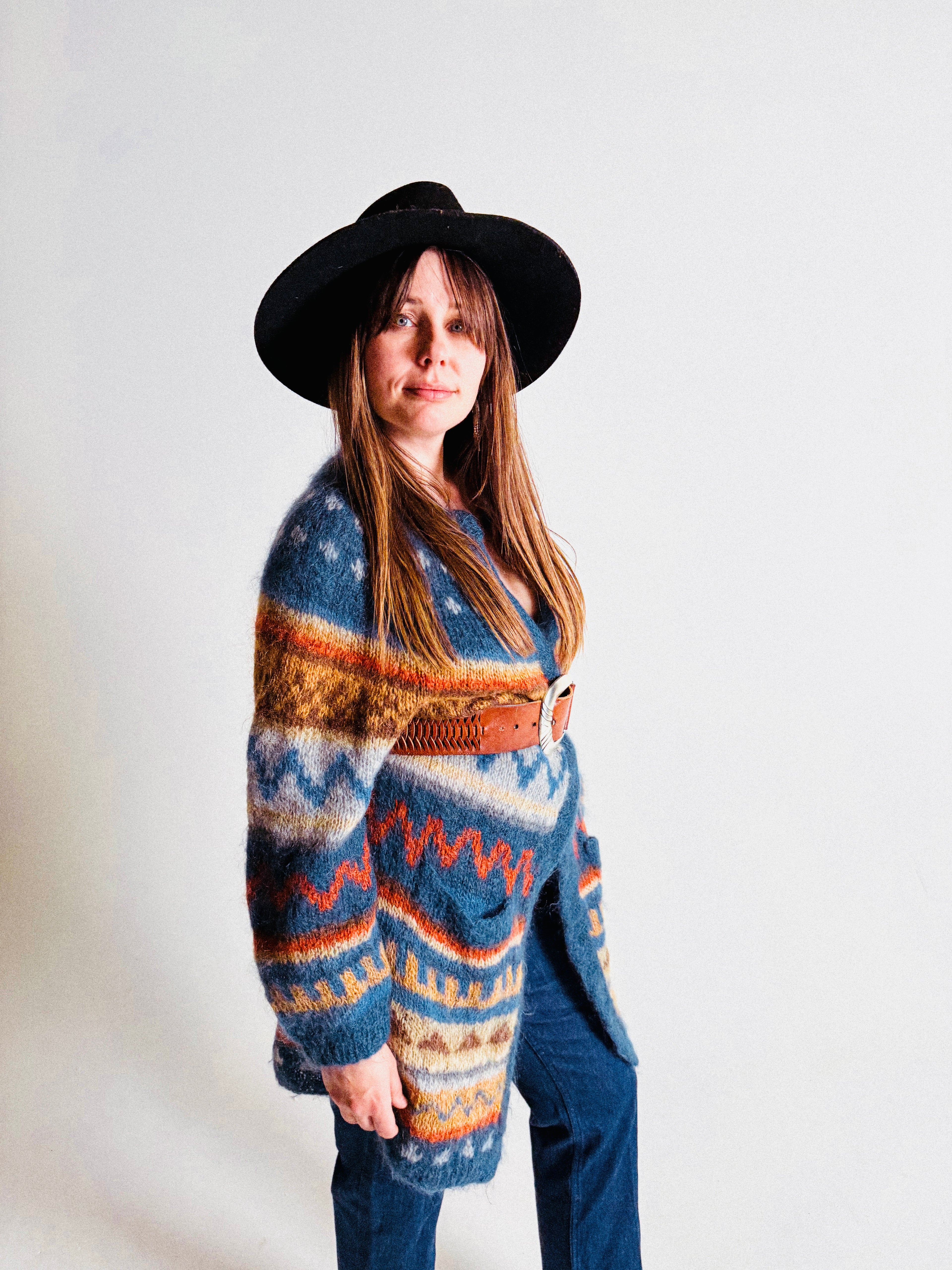 1970s/80s Long Mohair Cardigan with Nordic Pattern