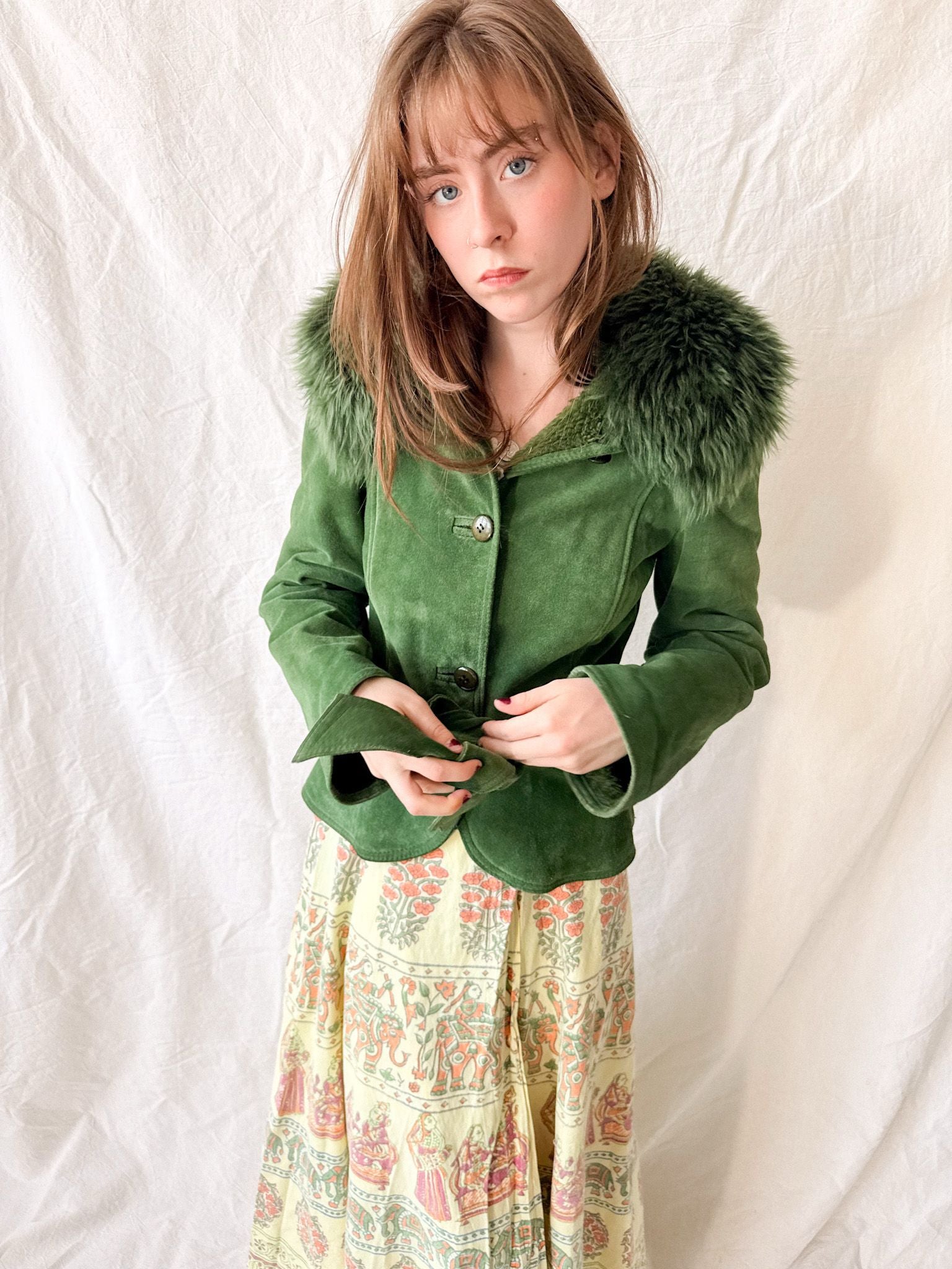 Vintage 1970s Emerald Green Suede Jacket with Toscana Fur Collar by Giles Bret