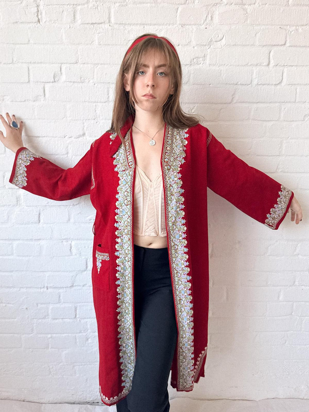 1920s–30s Kashmiri Embroidered Red Pashmina Wool Duster Coat