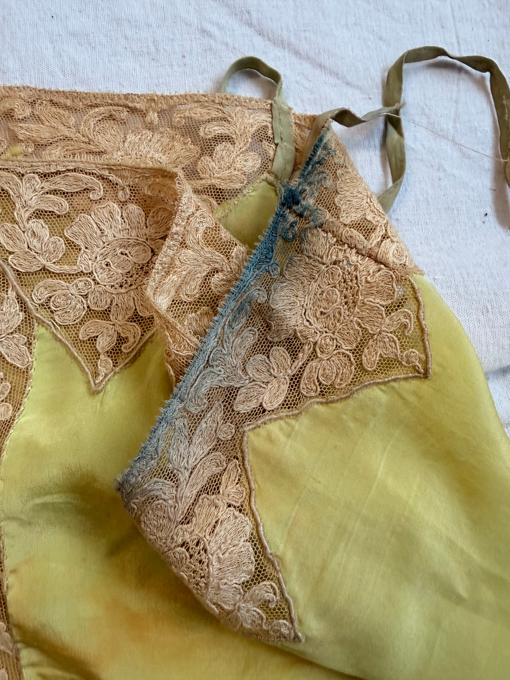 Antique 1920s Chartreuse Silk Lingerie Slip with Lace￼
