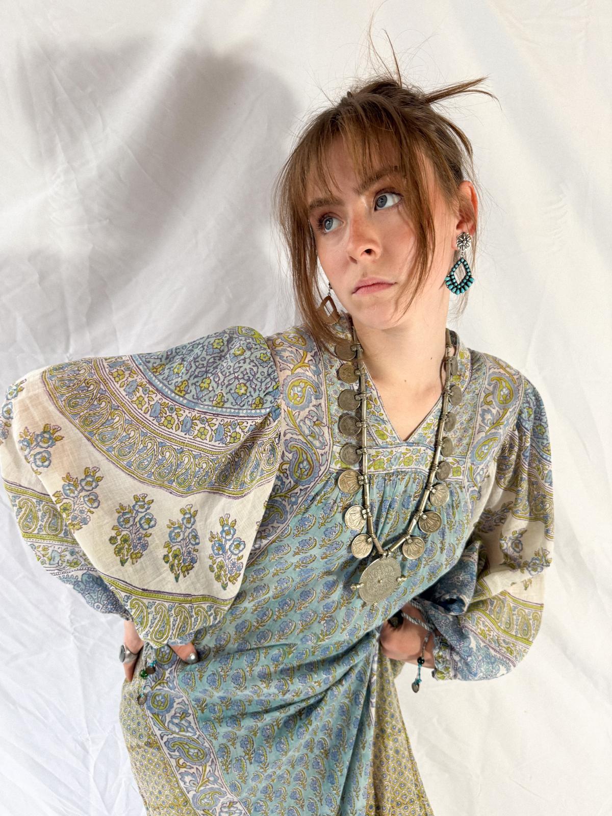 1970s Cotton Gauze Maxi Dress with Extravagant Sleeves