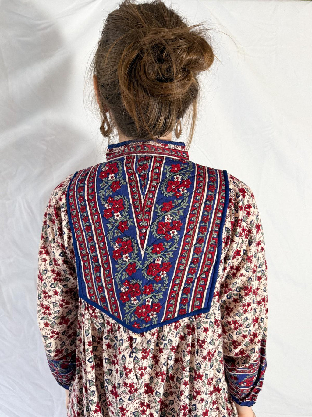 1970s-80s Blockprint Cotton Dress with Quilted Yoke