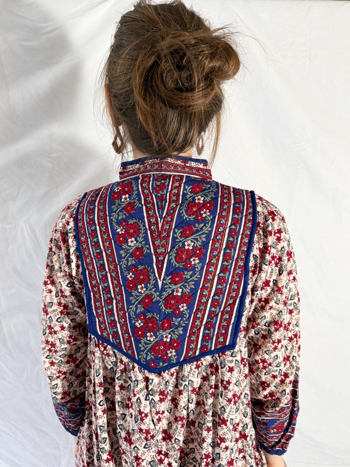 1970s-80s Blockprint Cotton Dress with Quilted Yoke