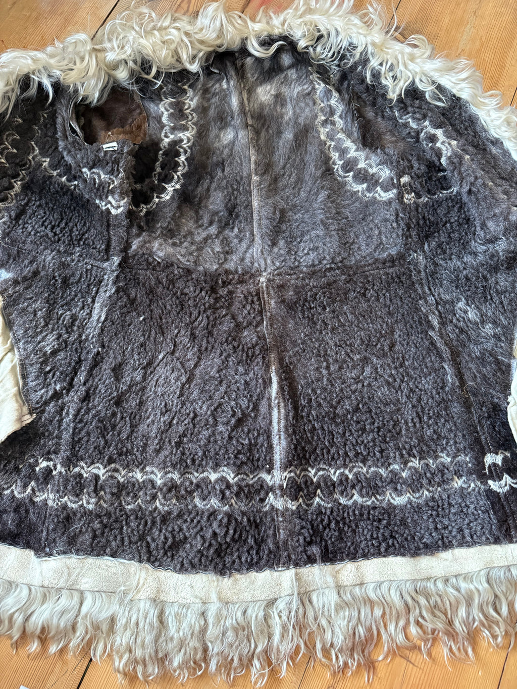 1960s/70s Inky Black Embroidered Afghan Shearling Coat with Lambswool Lining