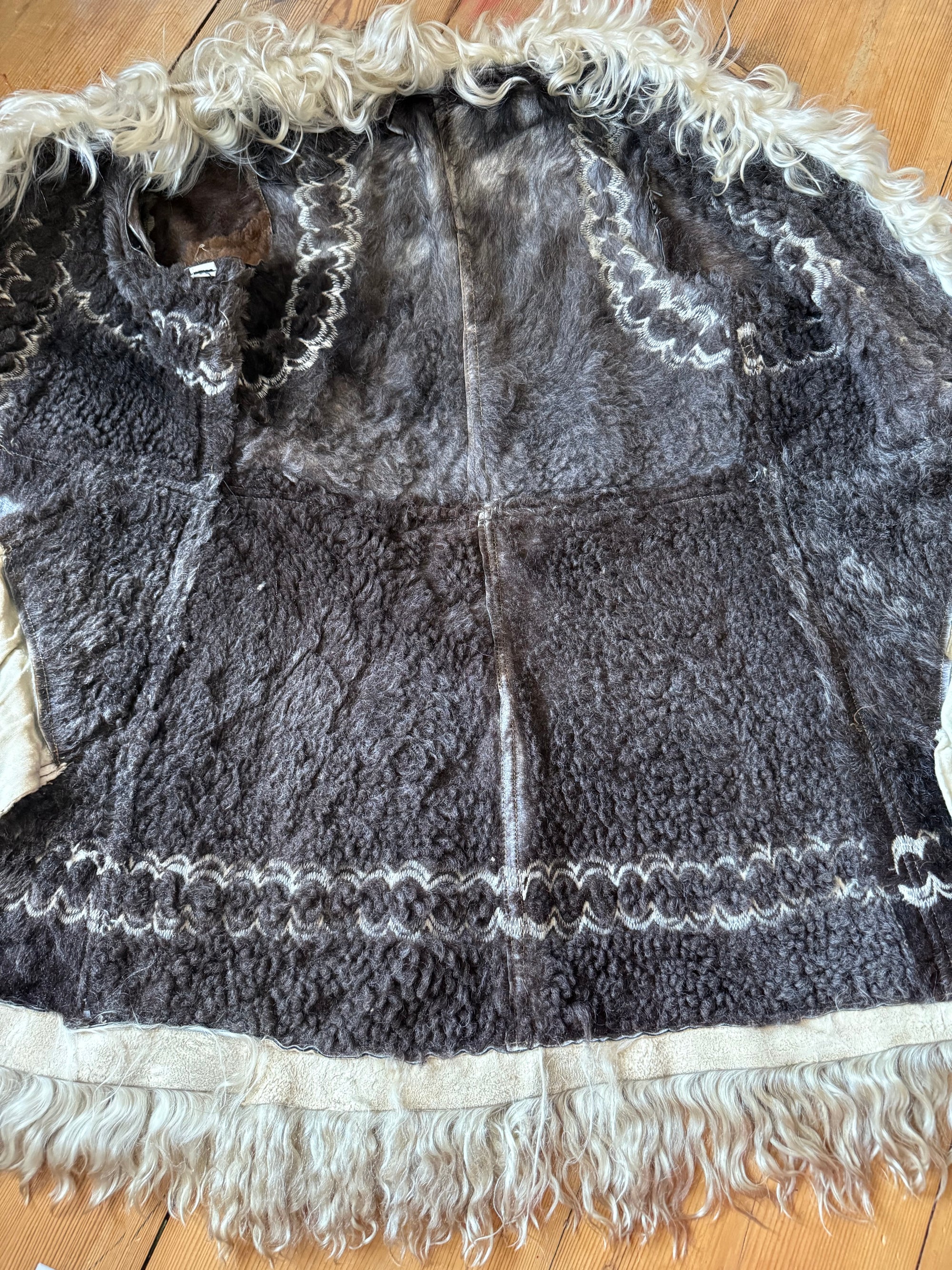 1960s/70s Inky Black Embroidered Afghan Shearling Coat with Lambswool Lining