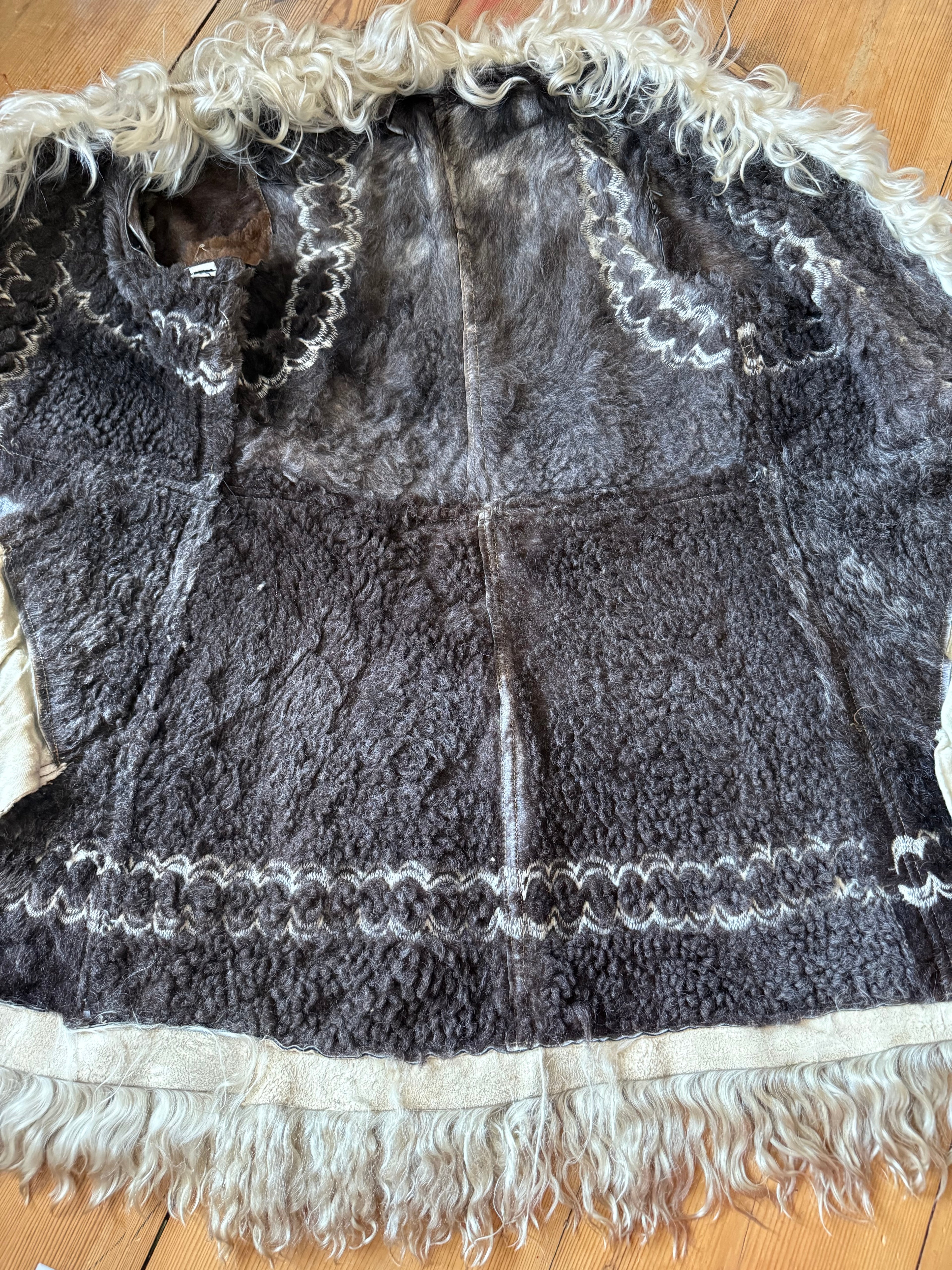 1960s/70s Inky Black Embroidered Afghan Shearling Coat with Lambswool Lining