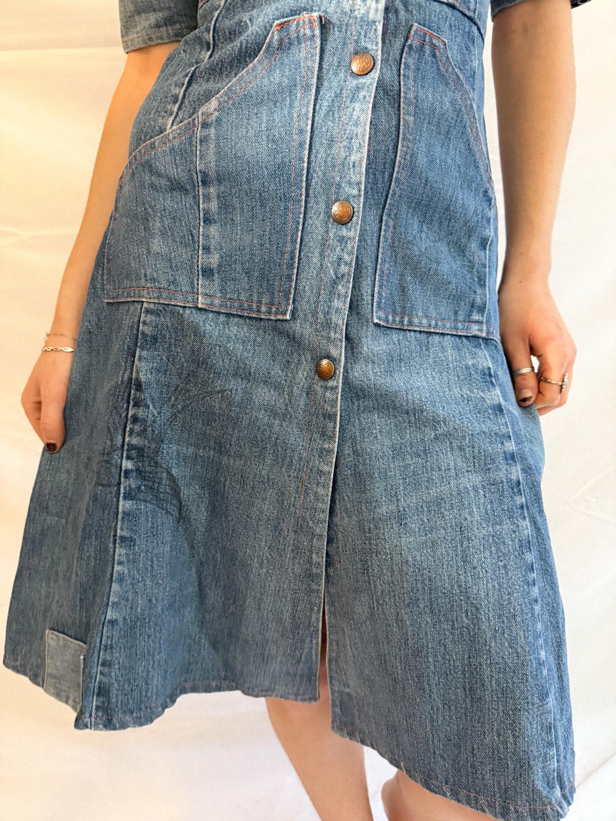 1970s Denim Dress in Heavy Cotton with Western Paneling and Swallow Motif