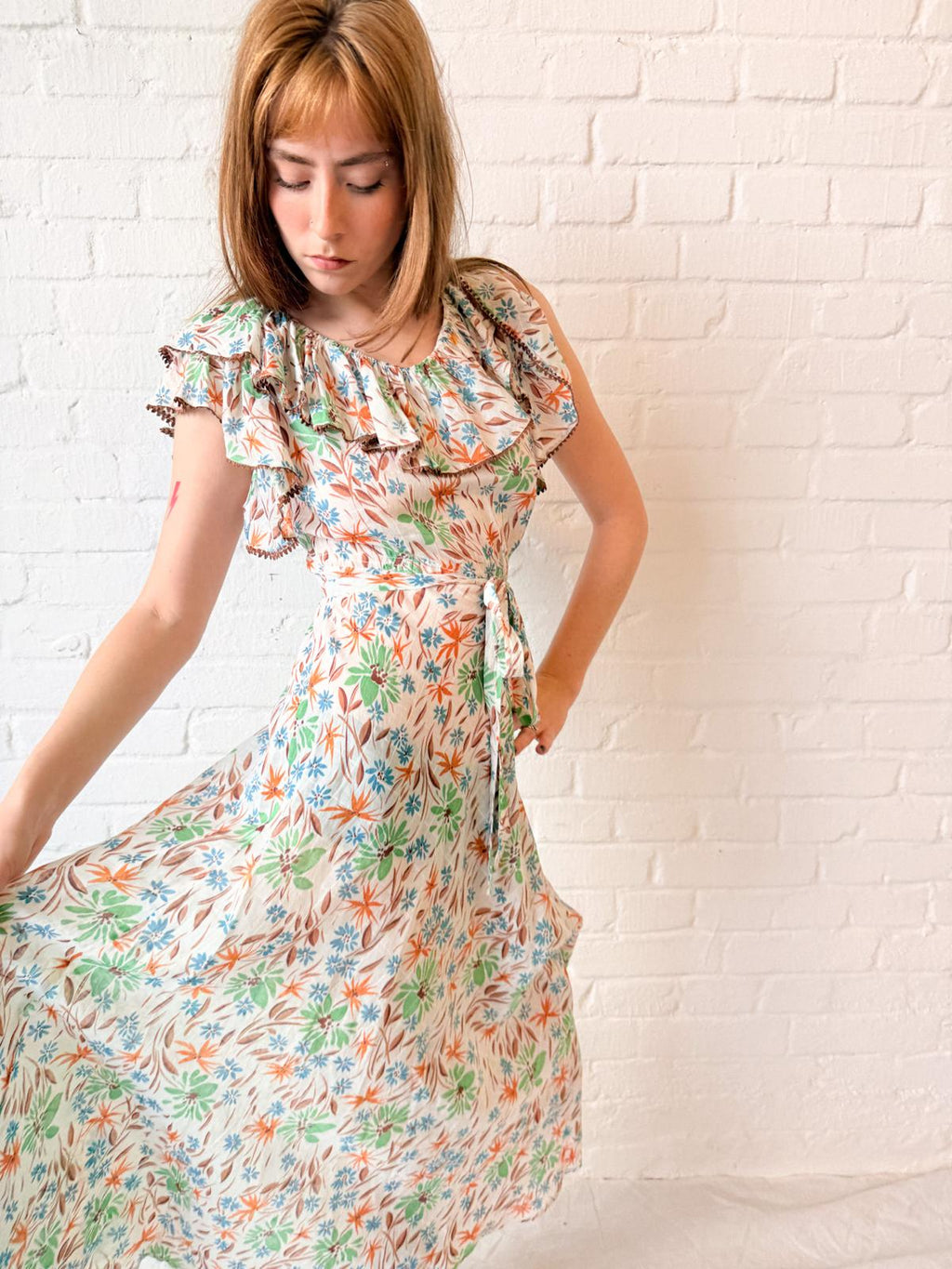 1930s Floral Cotton Voile Dress with Ruffled Neckline and Matching Belt