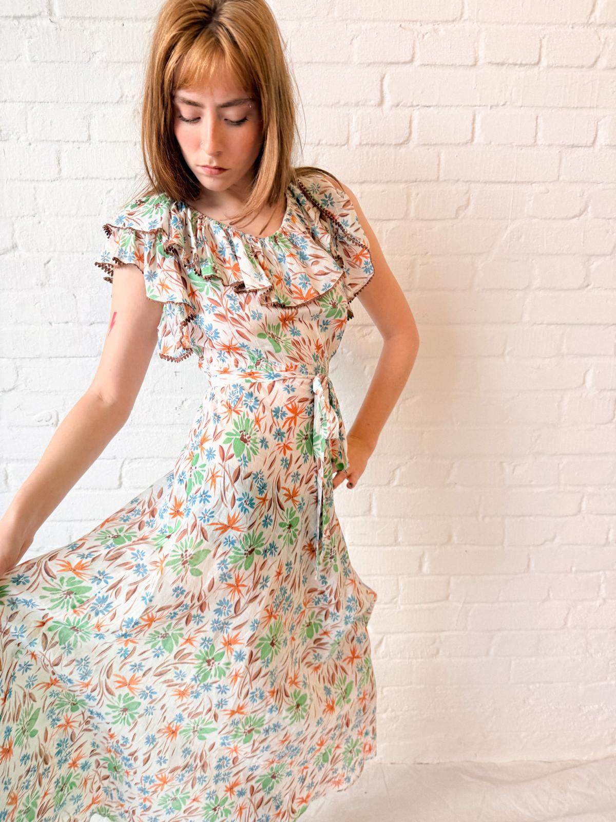 1930s Floral Cotton Voile Dress with Ruffled Neckline and Matching Belt
