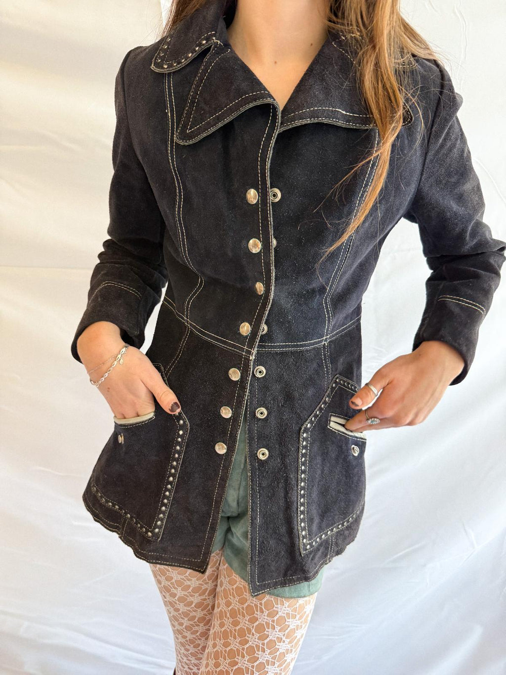 RESERVED FOR TUSIA Suede Jacket – Vintage Navy Fitted Leather Coat with Contrast Stitching