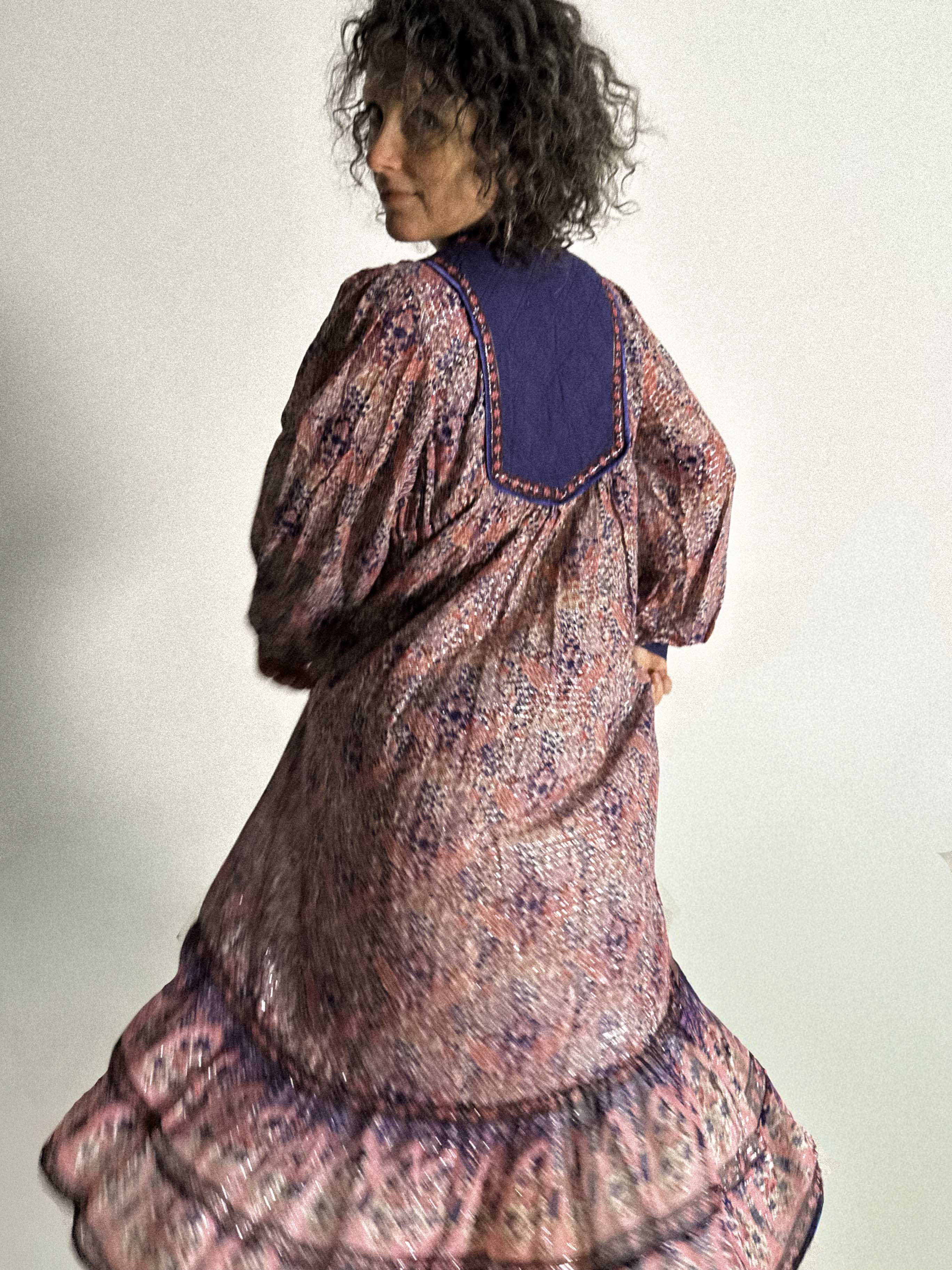 1970s Indian Cotzon Gauze Dress with Silver Lurex and Quilted Yoke