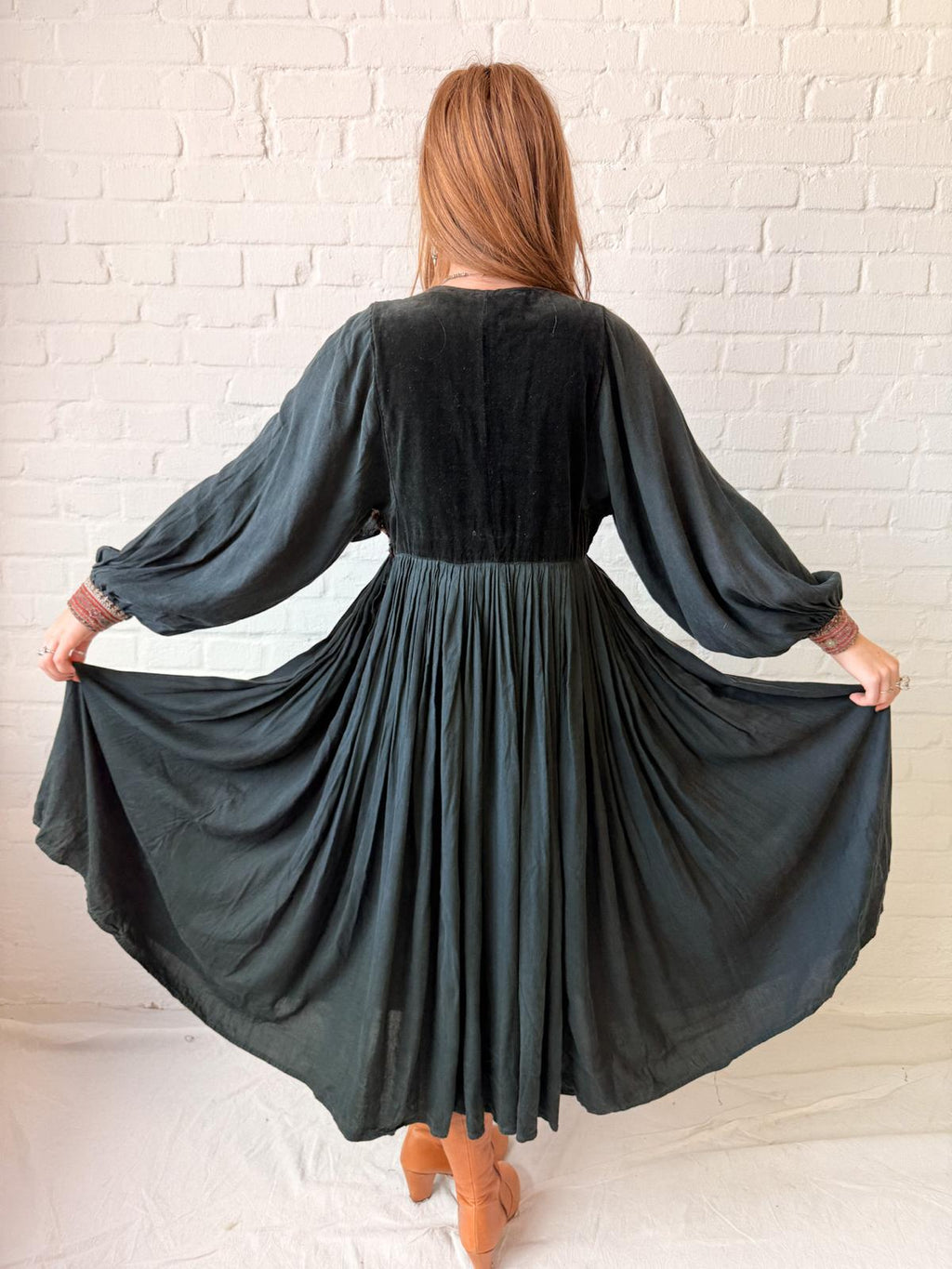 1970s Black Afghan Viscose Dress with Embroidered Velvet Yoke
