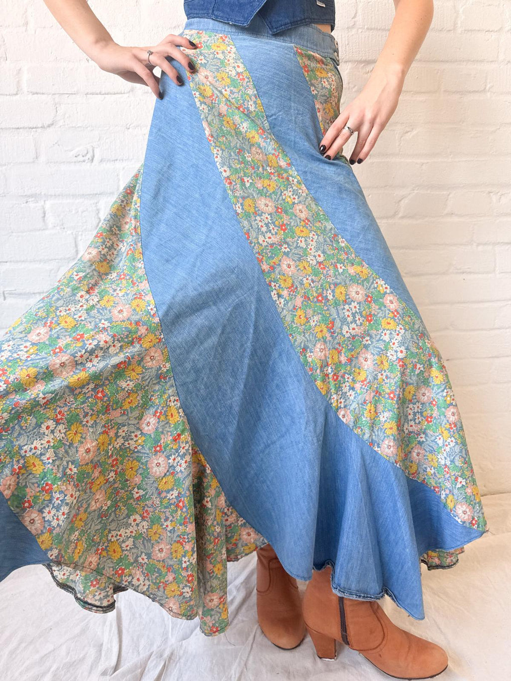1970s Asymmetrical Patchwork Chambray & Floral Maxi Skirt