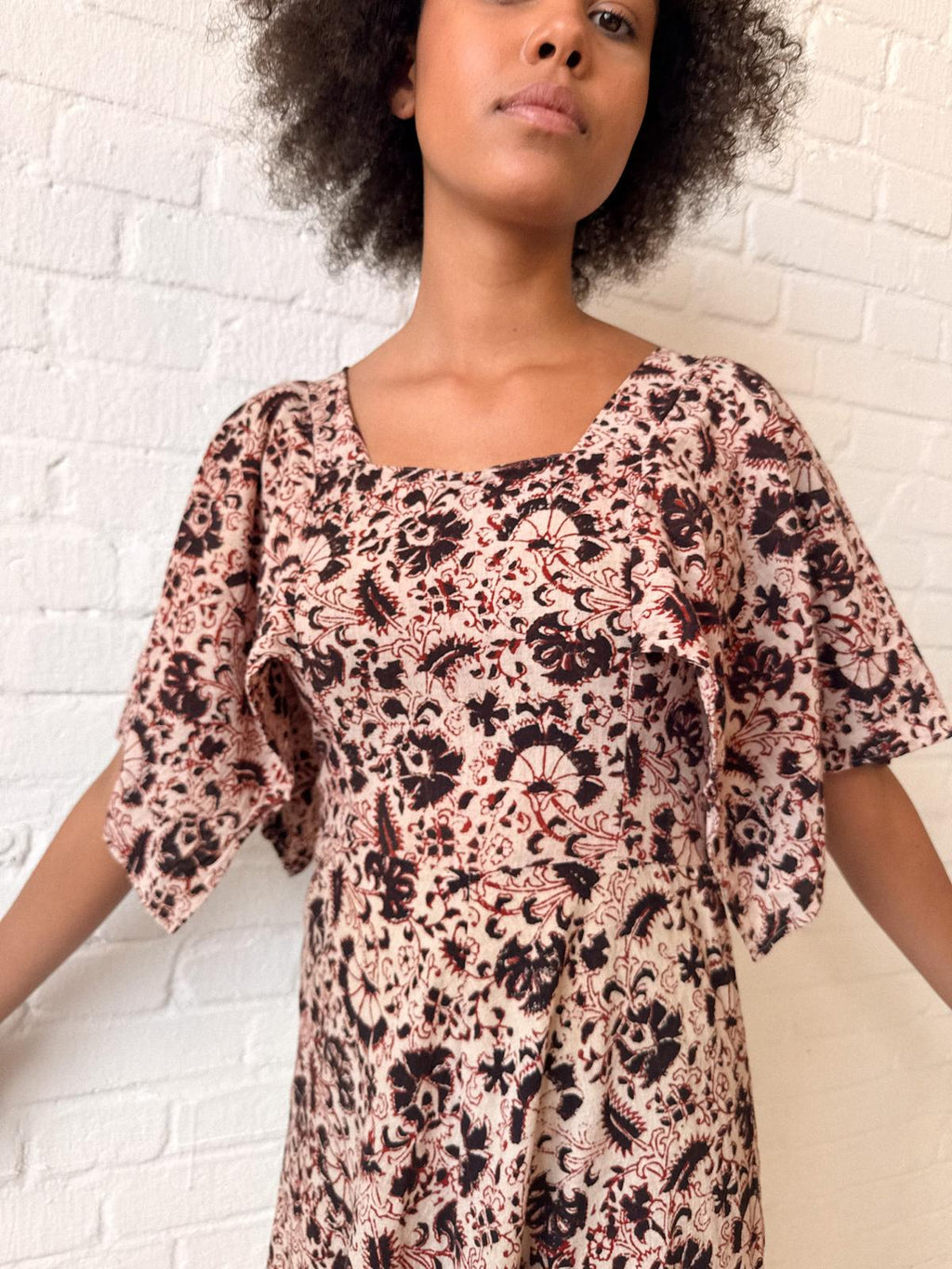 1970s Indian Block Print Cotton Dress with Butterfly Sleeves