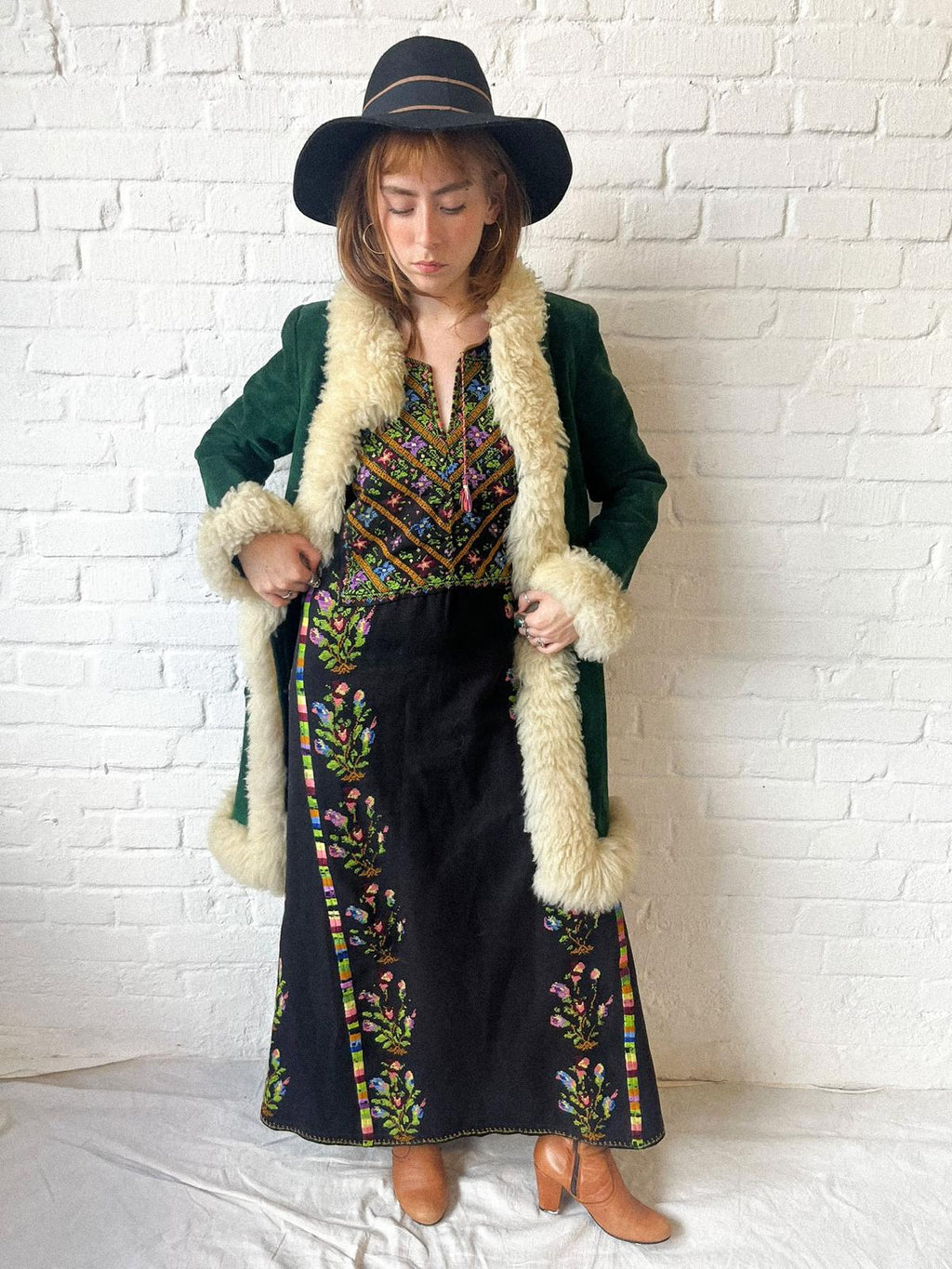 Vintage 1940s–60s Palestinian Embroidered Black Thobe Dress