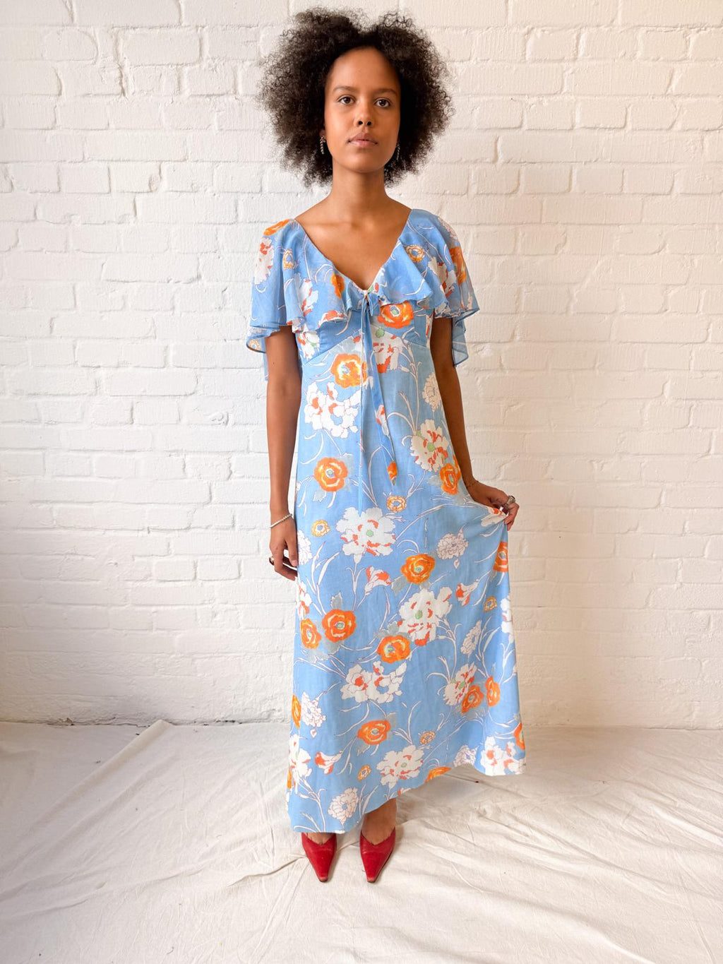 1960s–70s Hawaiian Floral Maxi Dress with Flutter Capelet