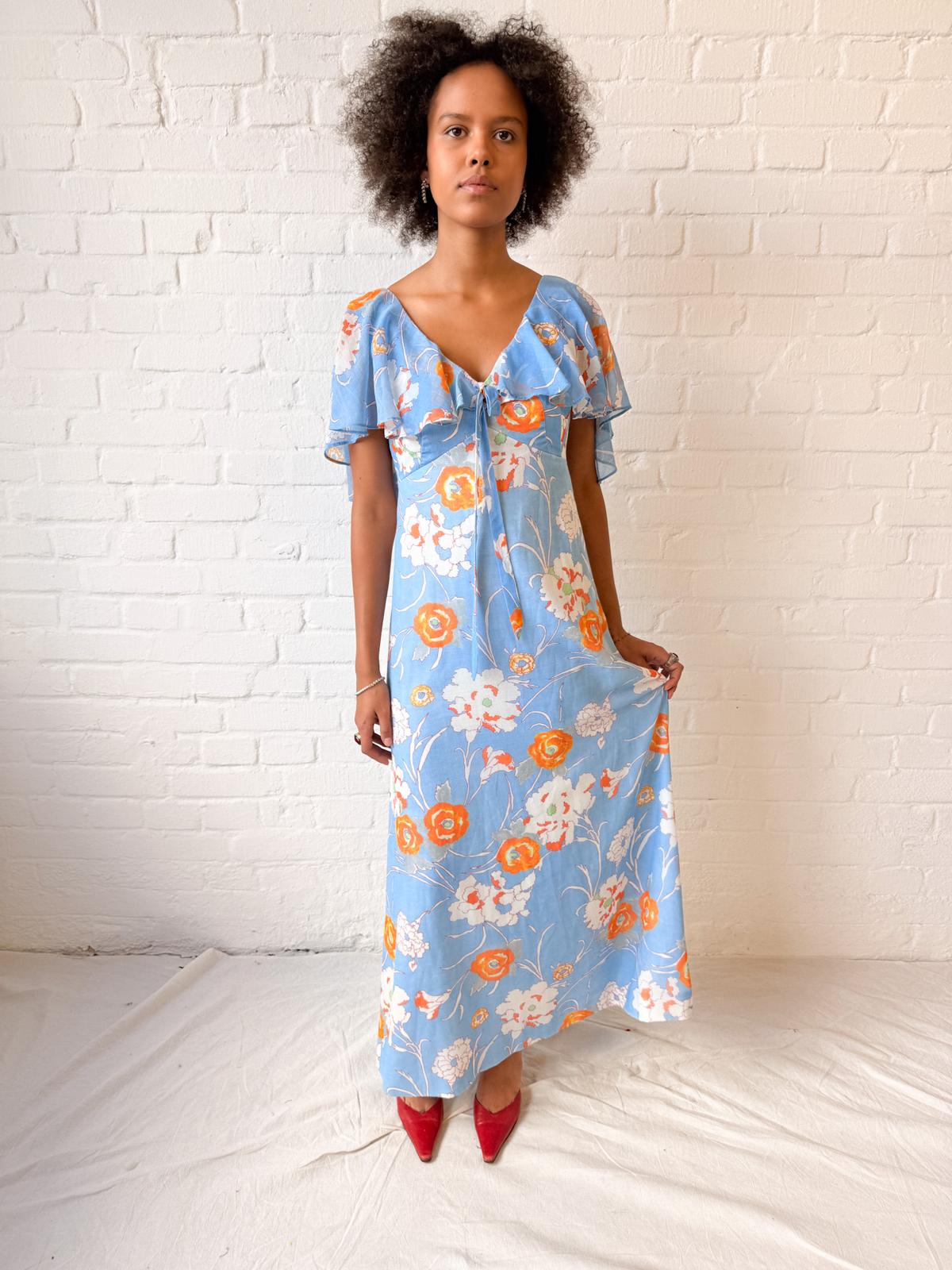 1960s–70s Hawaiian Floral Maxi Dress with Flutter Capelet