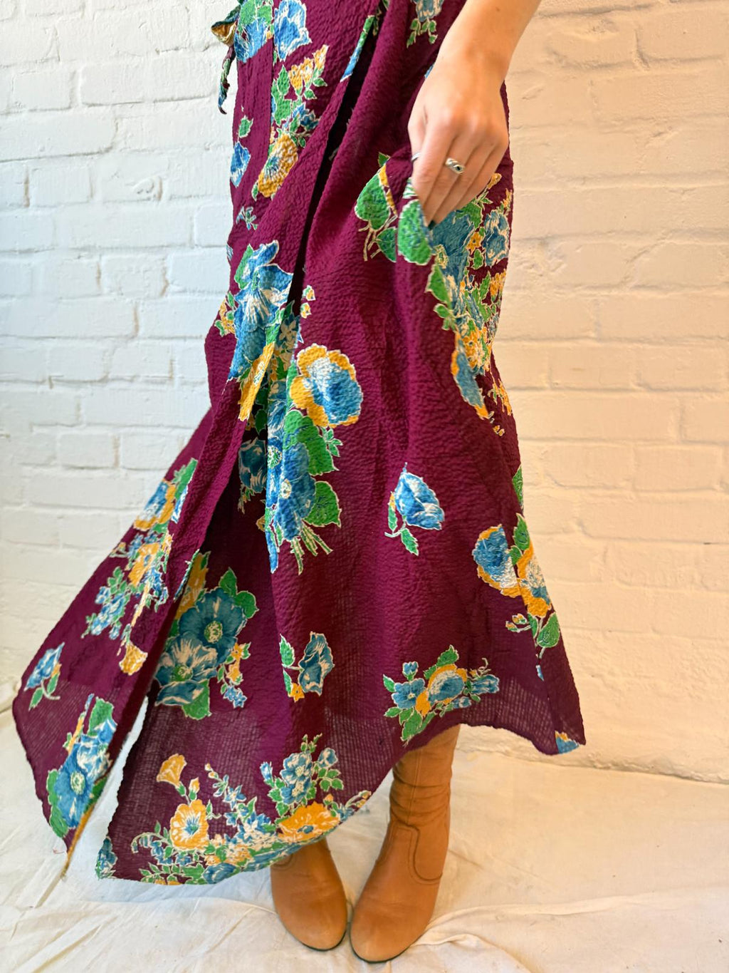 1930s–40s Burgundy Floral Crinkle Cotton Wrap House Dress