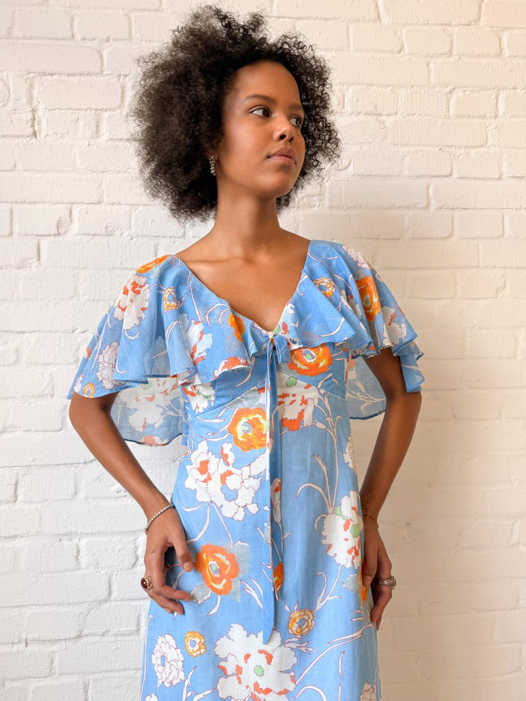 1960s–70s Hawaiian Floral Maxi Dress with Flutter Capelet