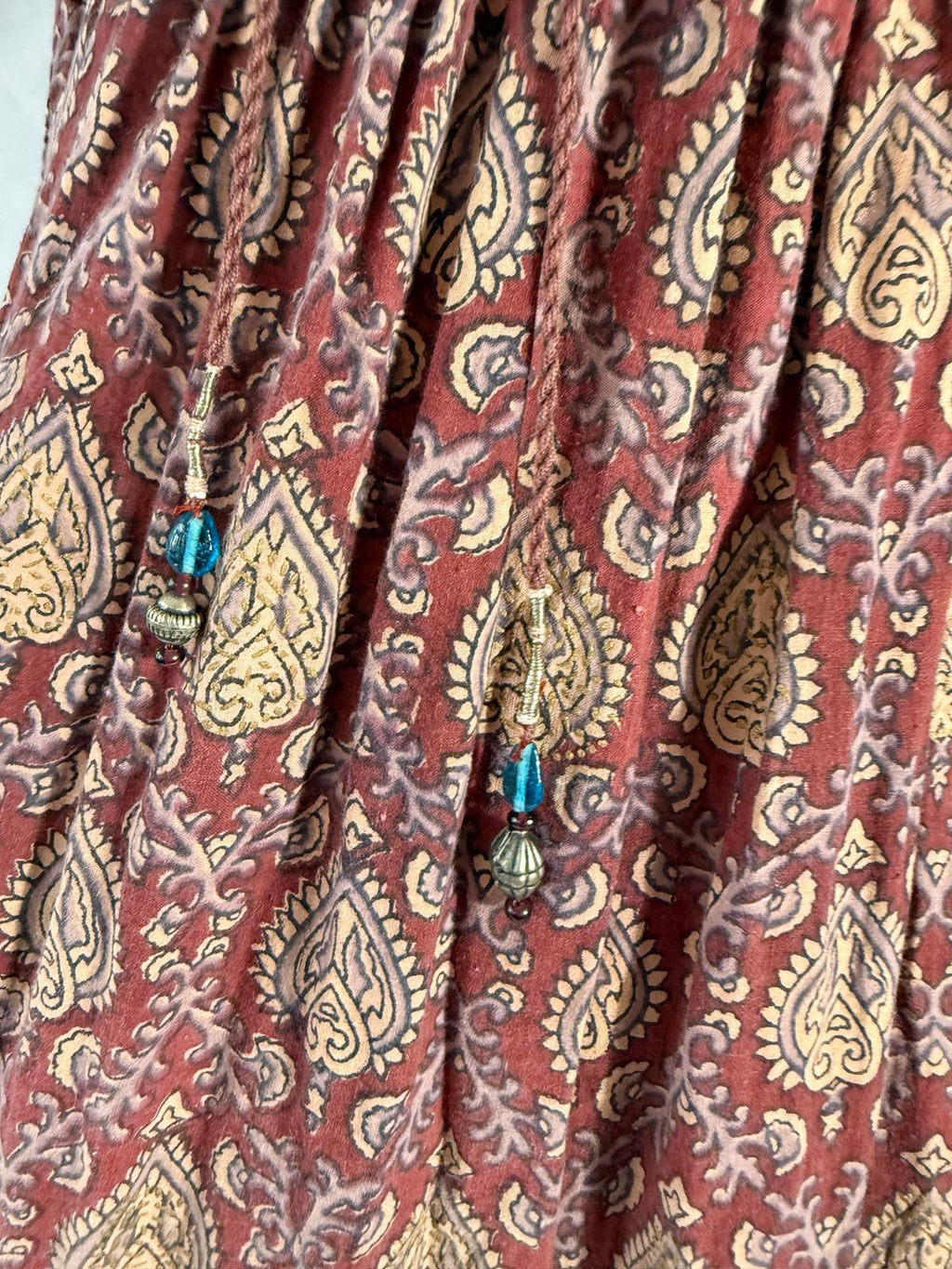 1970s Indian Block Print Cotton Dress with Tiered Skirt and Beaded Tassels