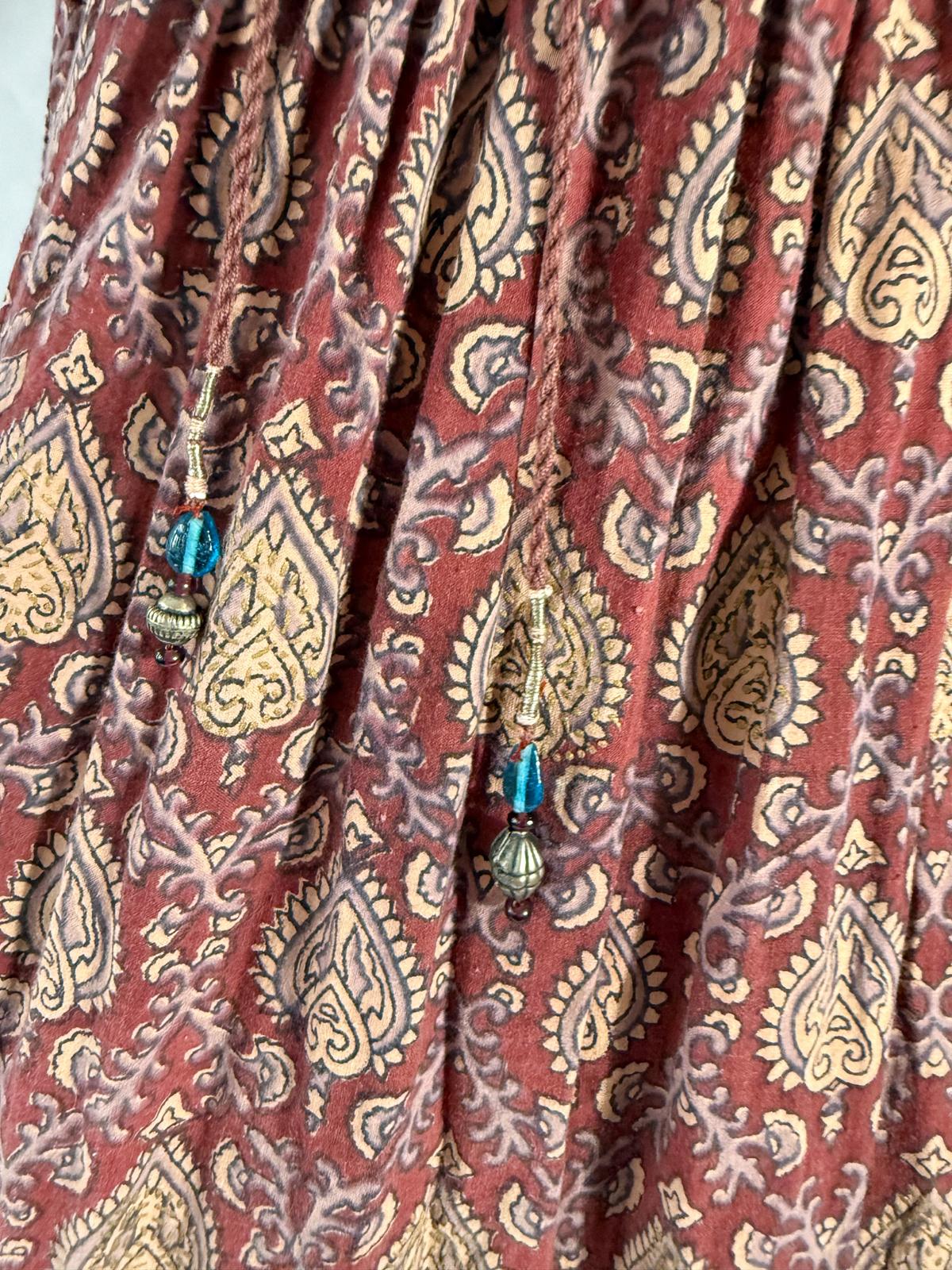 1970s Indian Block Print Cotton Dress with Tiered Skirt and Beaded Tassels