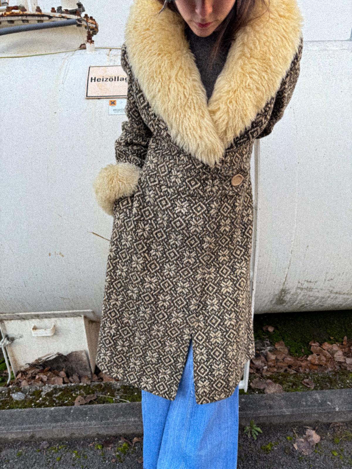 1970s Mark Russell England Wool Tapestry Penny Lane Coat with Shearling
