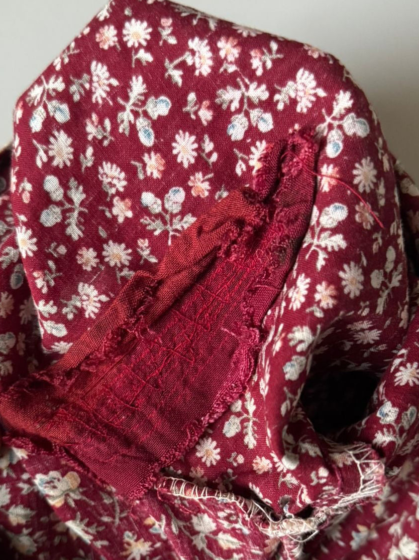 1970s Gunne Sax Prairie Dress in Burgundy Floral Cotton with Velvet Bodice