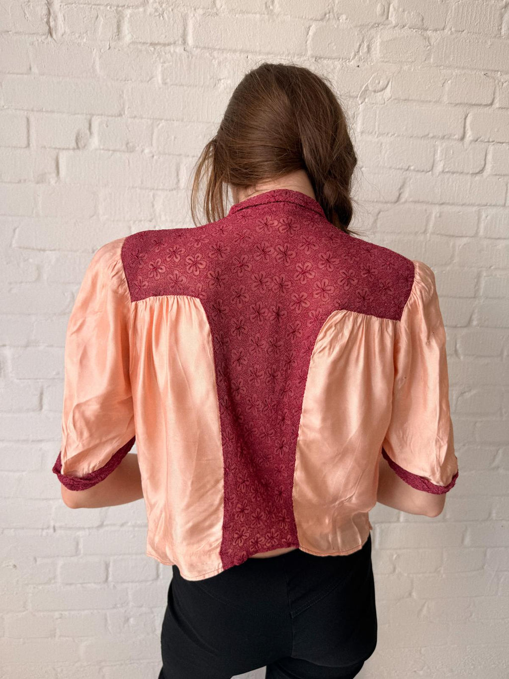 1930s Handmade Peach Satin & Embossed Floral Lace Blouse