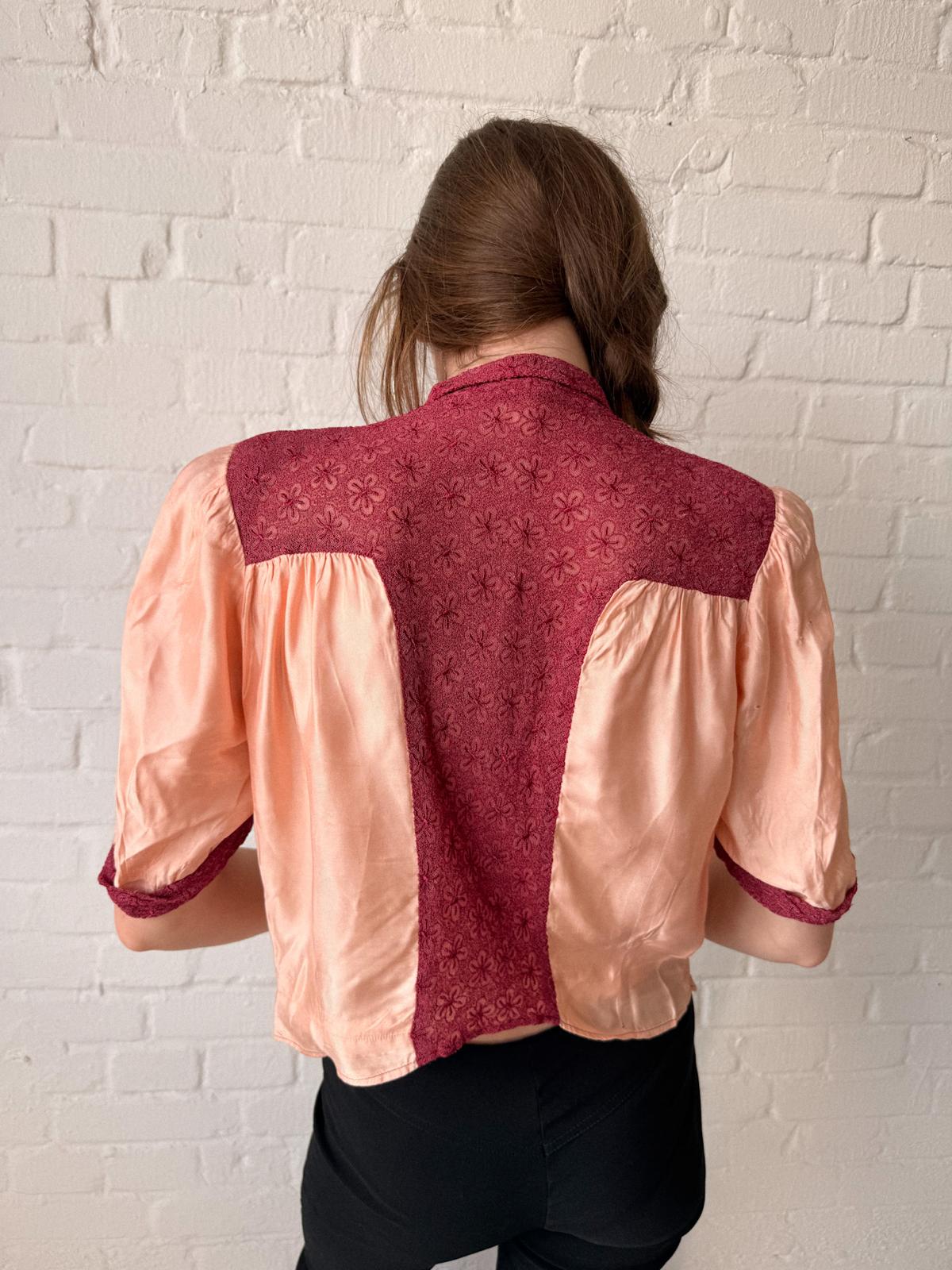 1930s Handmade Peach Satin & Embossed Floral Lace Blouse
