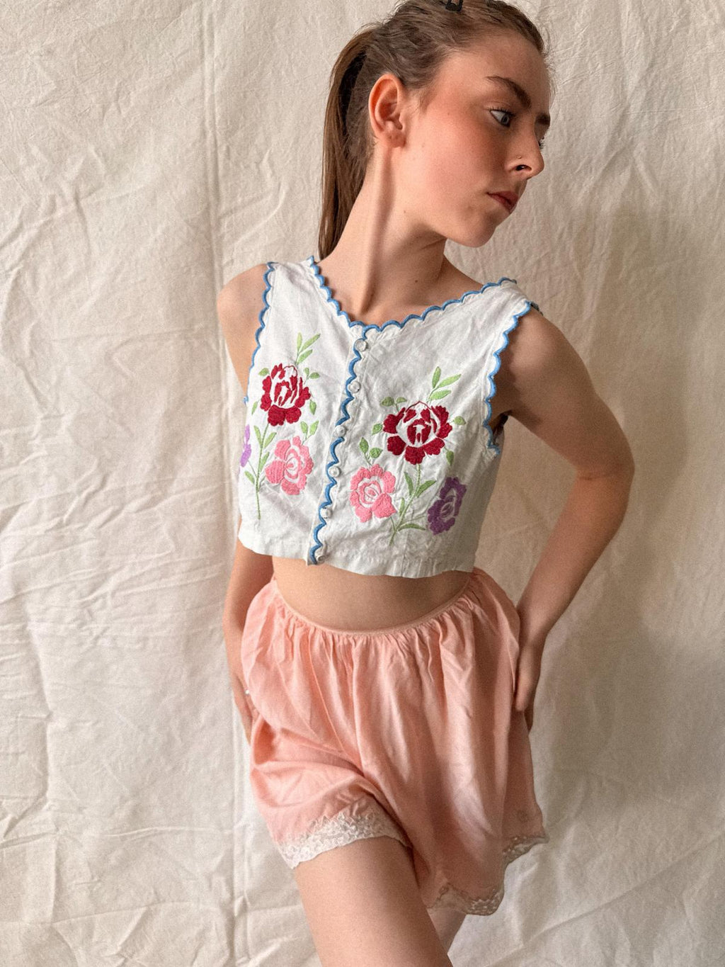 Antique to Early Vintage Embroidered Folk Bodice / Cotton Corset Cover