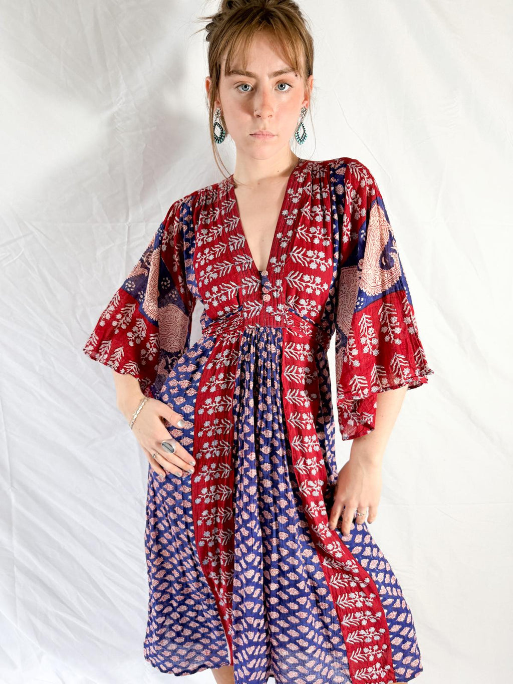 1970s Indian Cotton Gauze Block Print Dress with Angel Sleeves