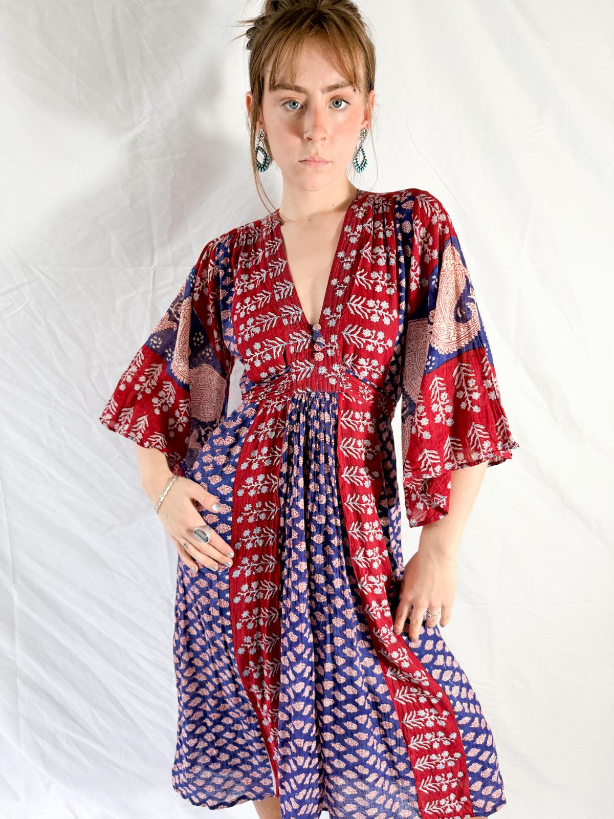 1970s Indian Cotton Gauze Block Print Dress with Angel Sleeves