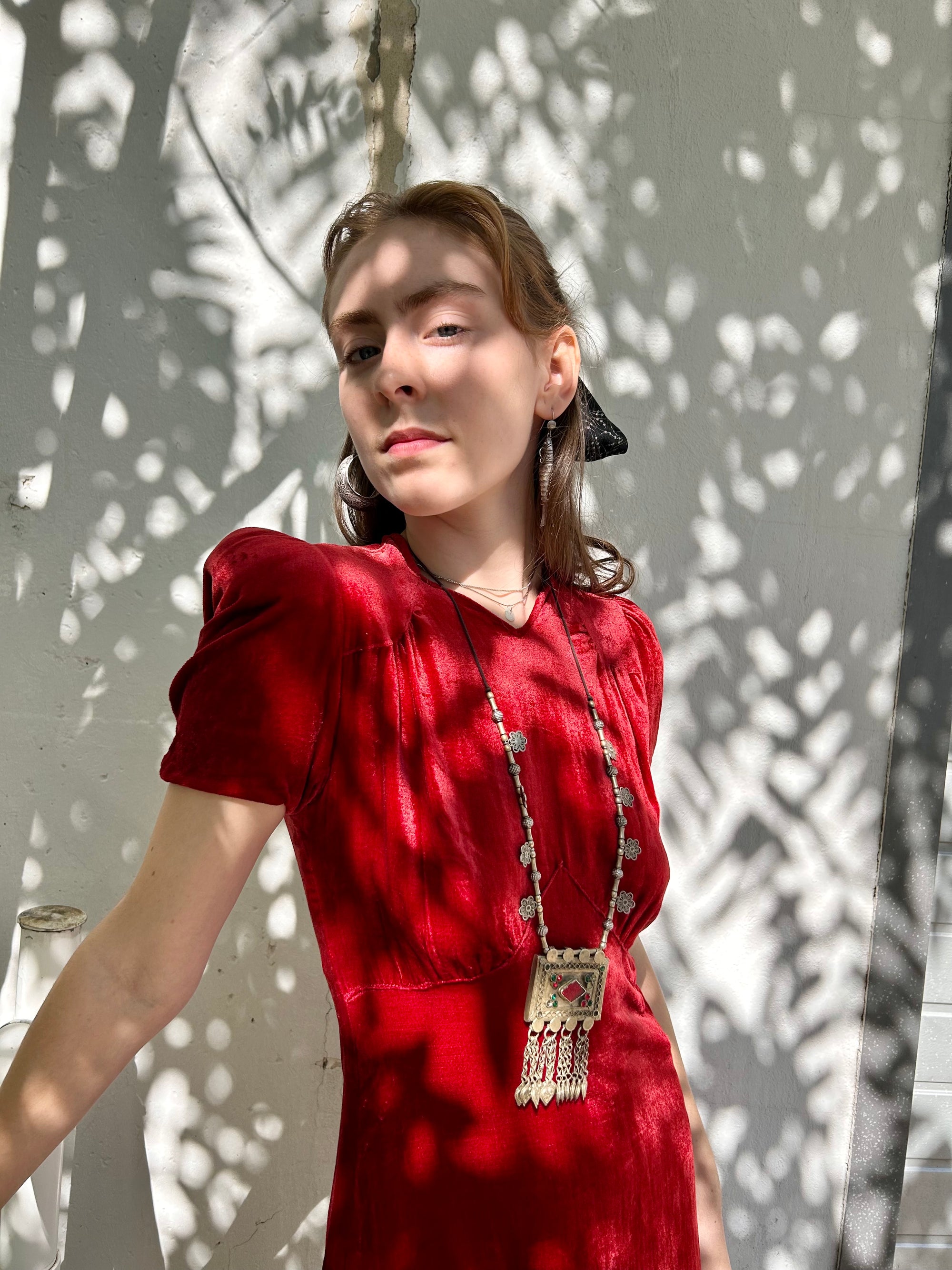 Crimson Silk velvet late 1930s / early 40s Button-Up Dress