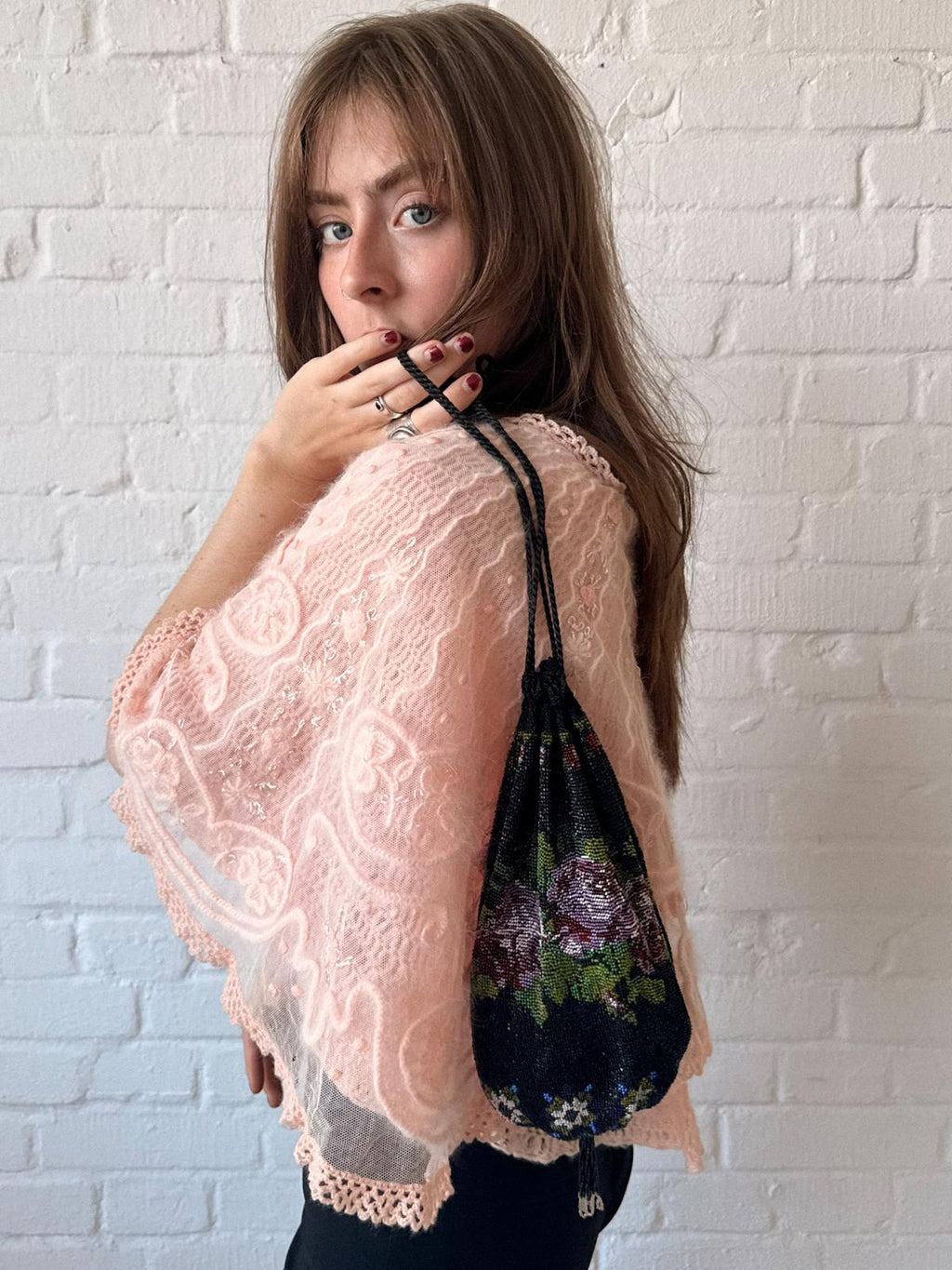 1920s French Floral Micro Beaded Drawstring Purse