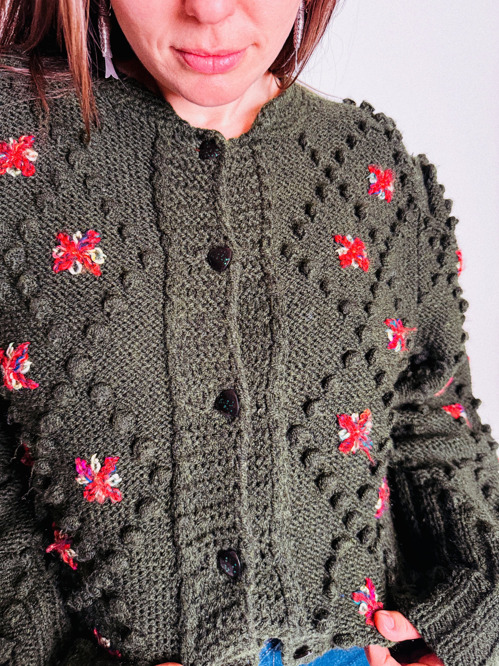 70s-80s Wool Handknit Popcorn and Flowers Cardigan with Glitter Buttons