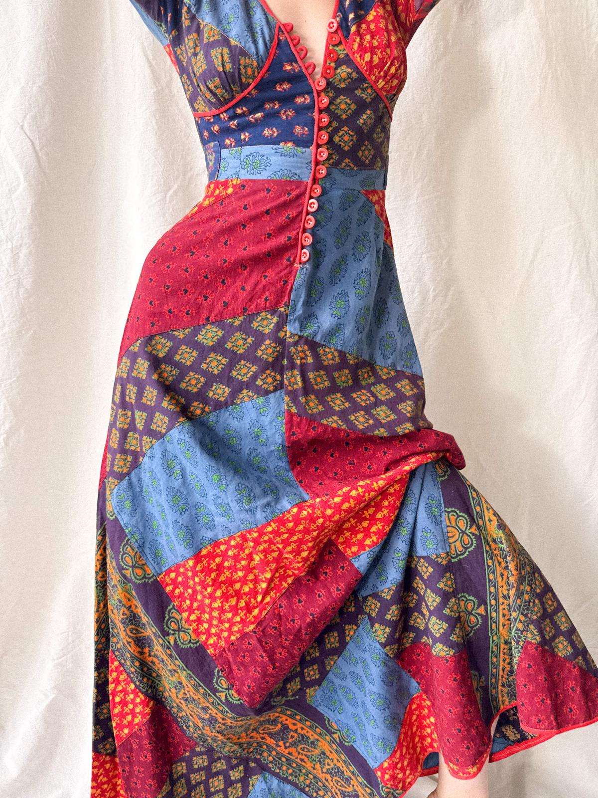 1970s Indian Cotton Patchwork Maxi Dress | Block Print Bohemian Folk Dress