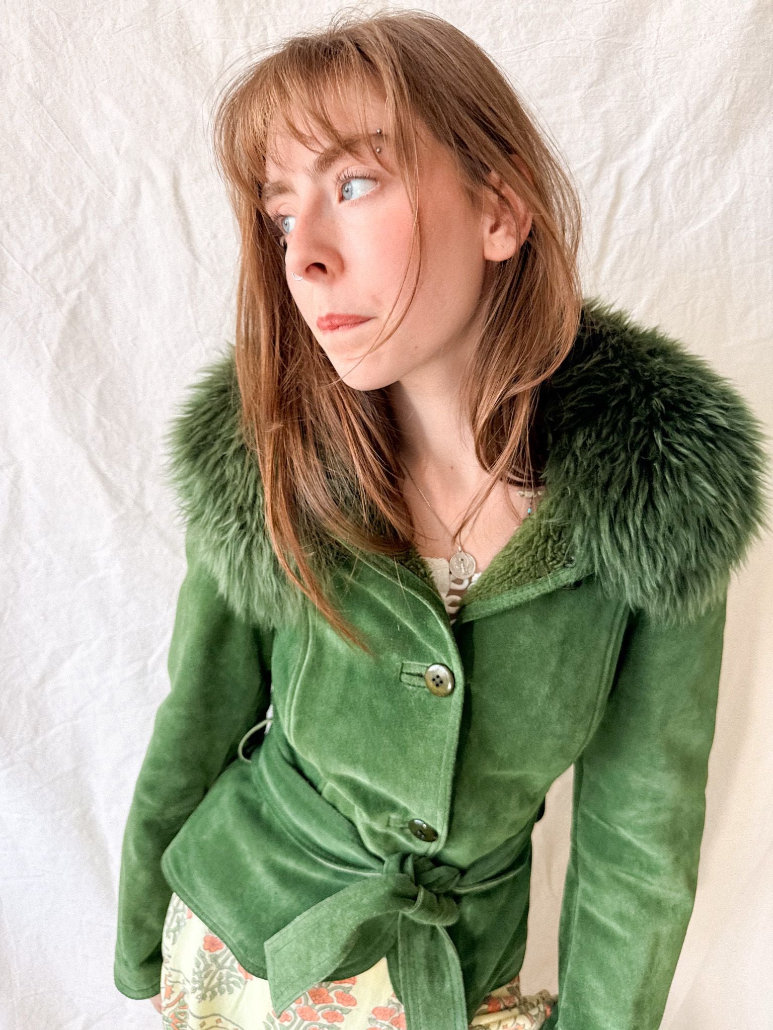 Vintage 1970s Emerald Green Suede Jacket with Toscana Fur Collar by Giles Bret