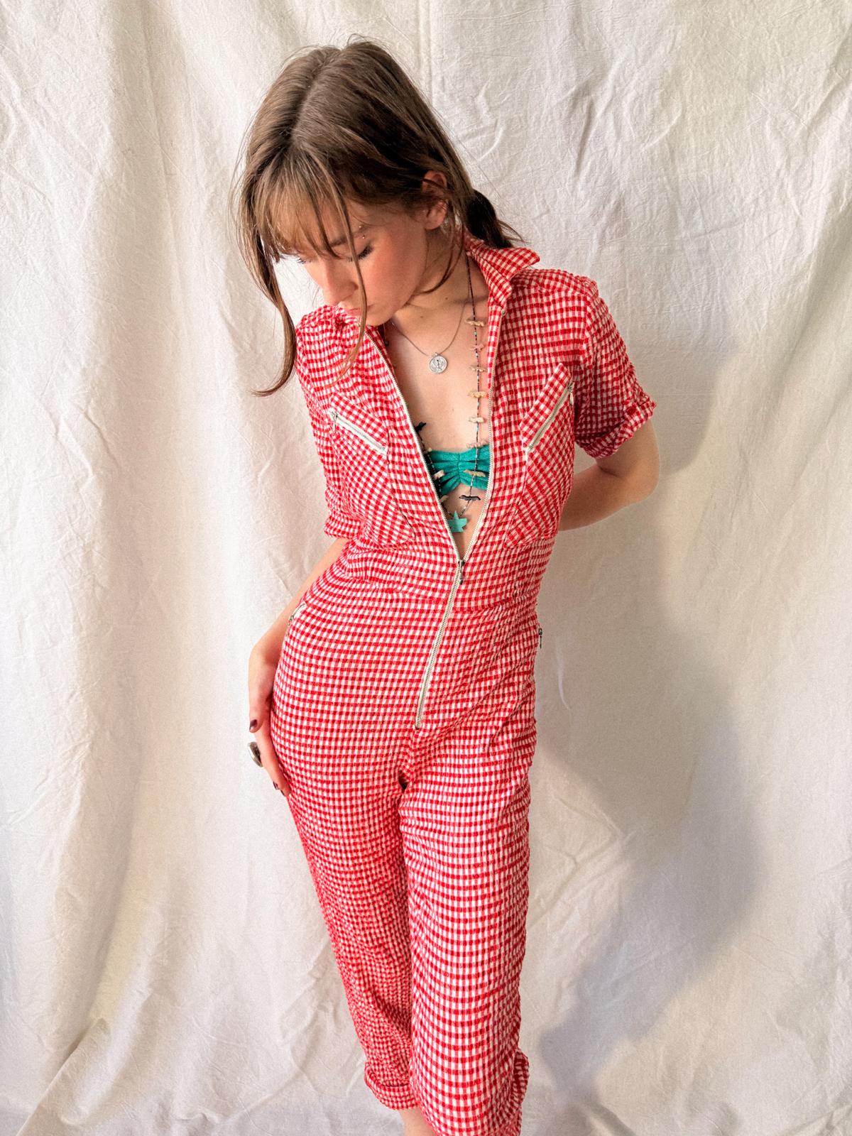 1970s Betty Barclay Red Gingham Zip Front Jumpsuit