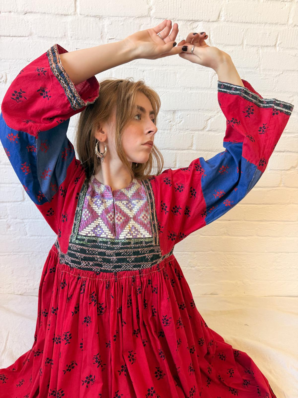 1970s Afghan Embroidered Maxi Dress – Red, Cobalt & Lavender