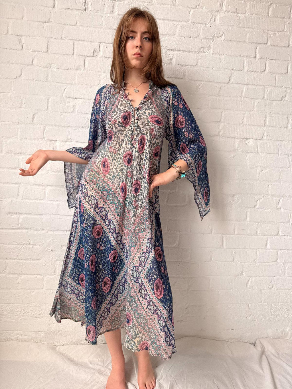 1970s Adini Floral Gauze Gold Lurex Caftan