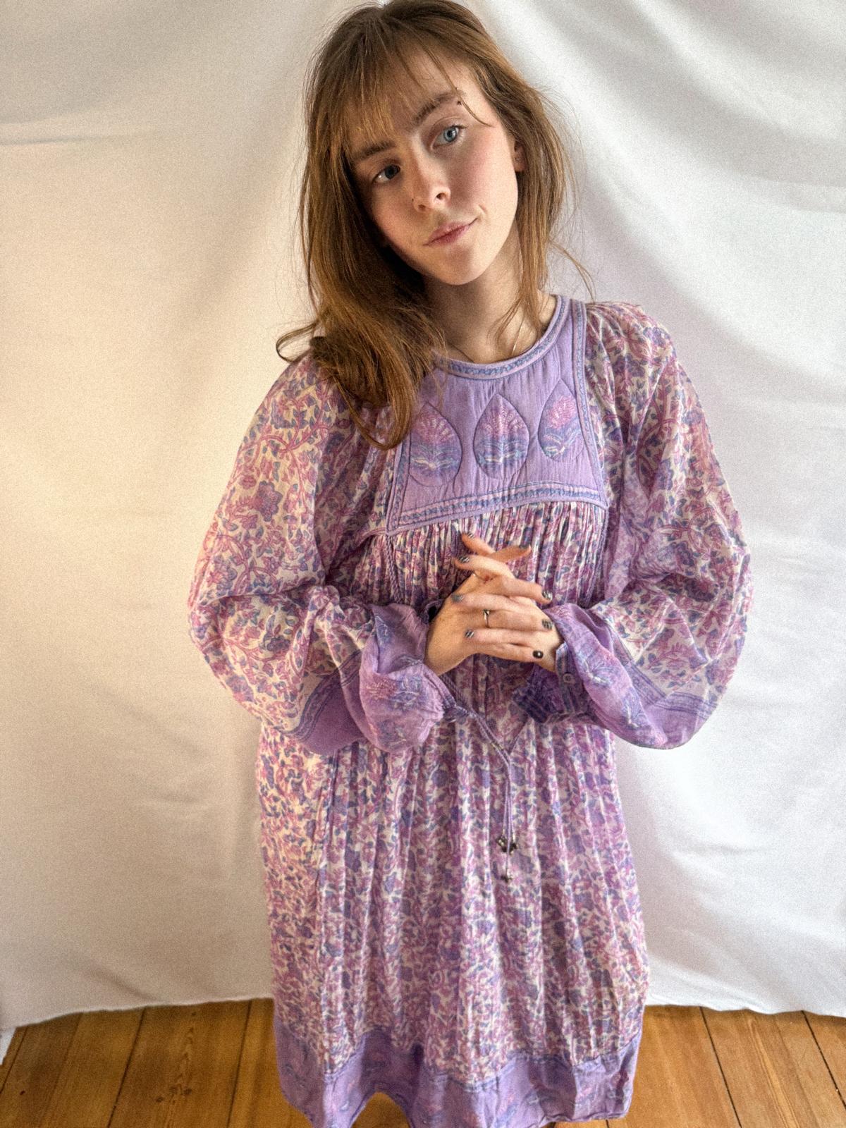 1970s Lavender Indian Cotton Gauze Dress with Quilted Yoke