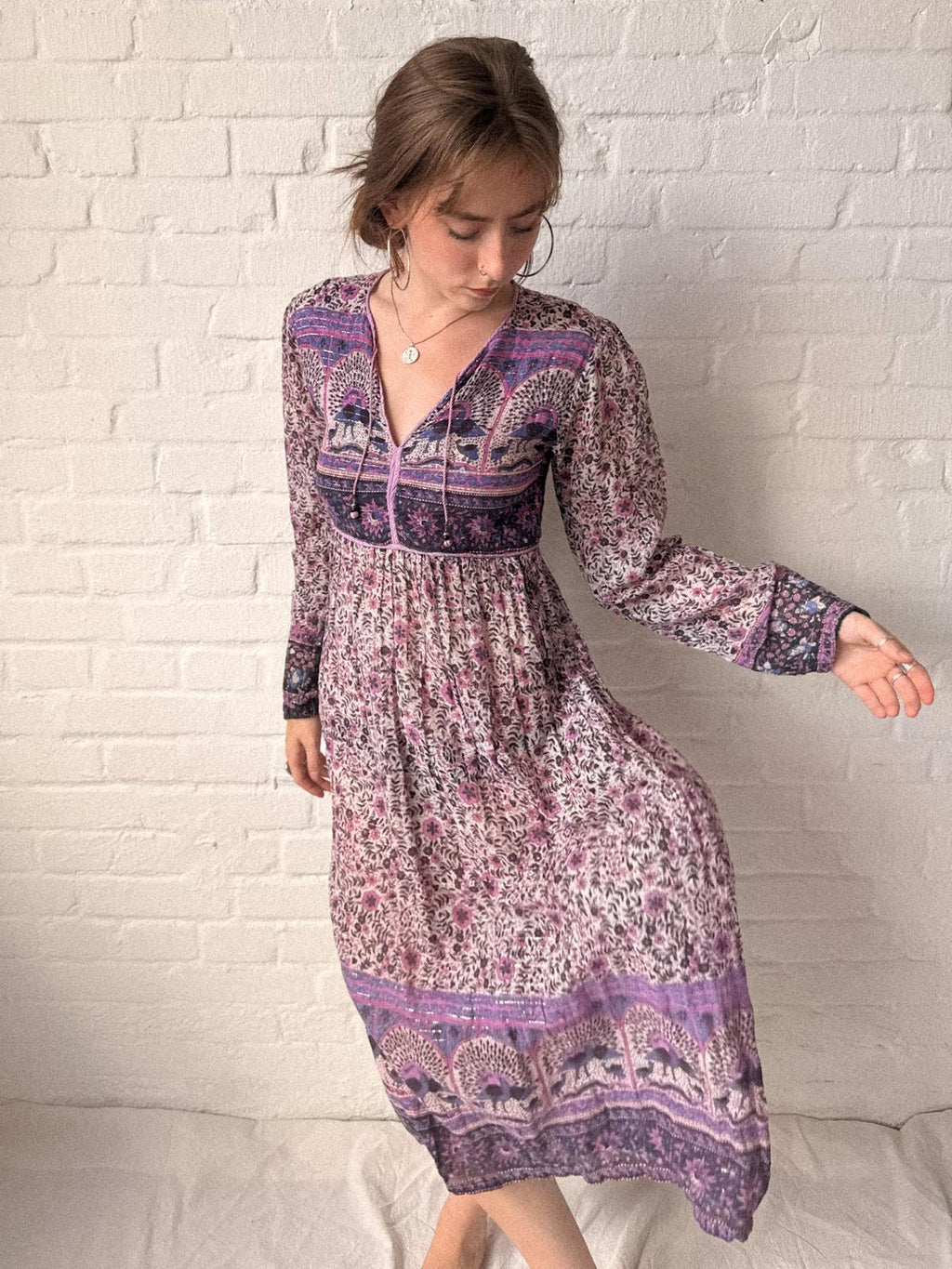 1970s Indian Cotton Gauze and Lurex Peacock Print Dress