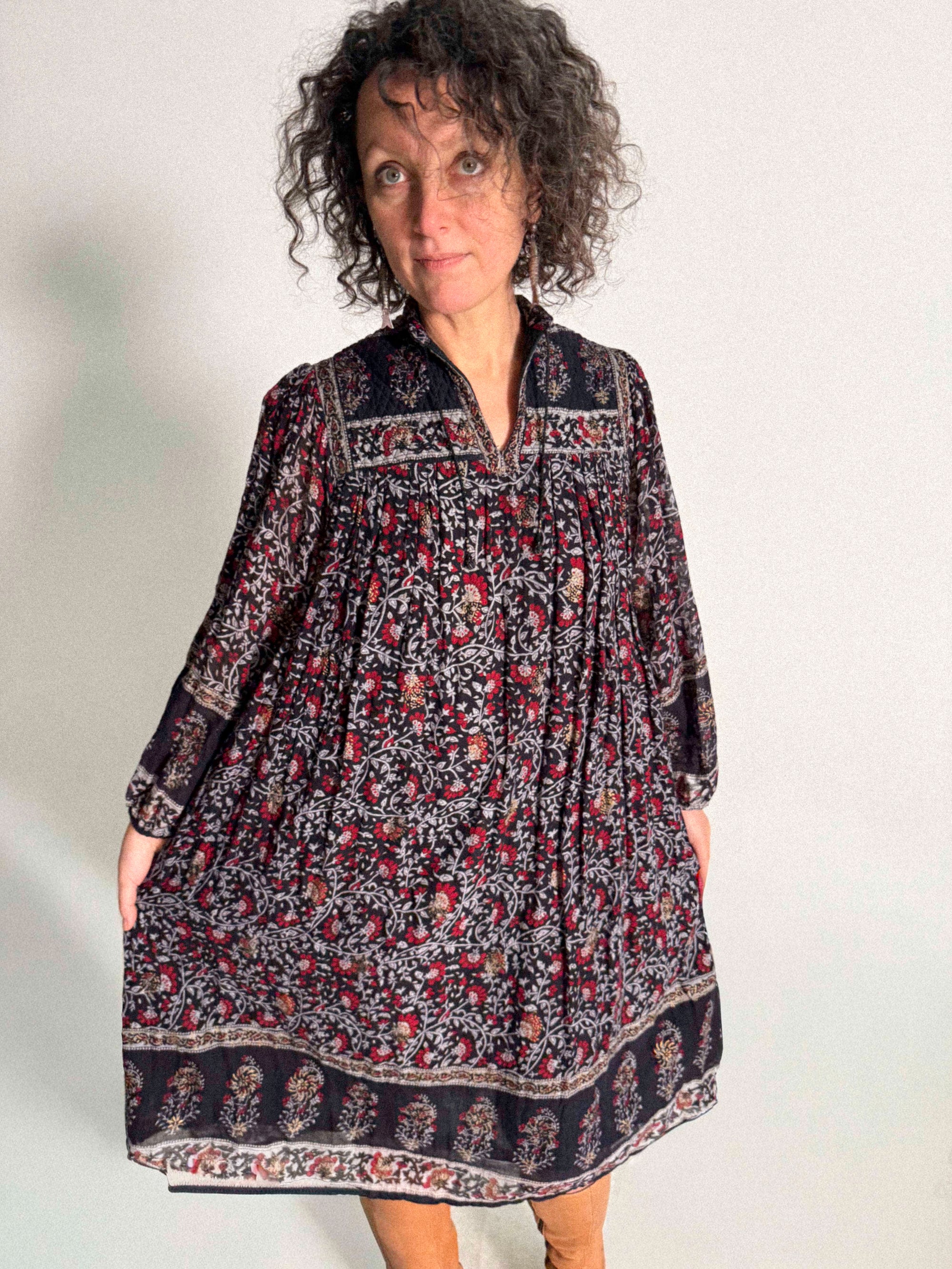 1970s Black Cotton Gauze Dress