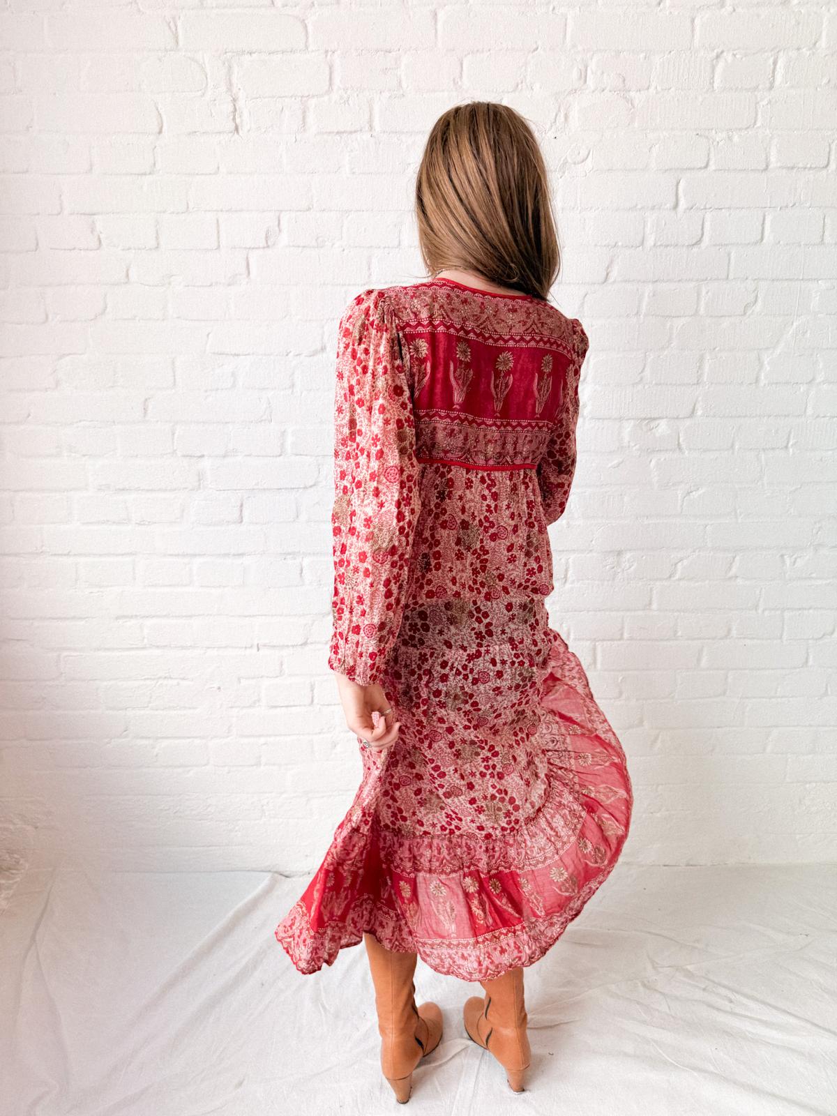 1970s Indian Cotton Gauze Floral Maxi Dress with Gold Stamping