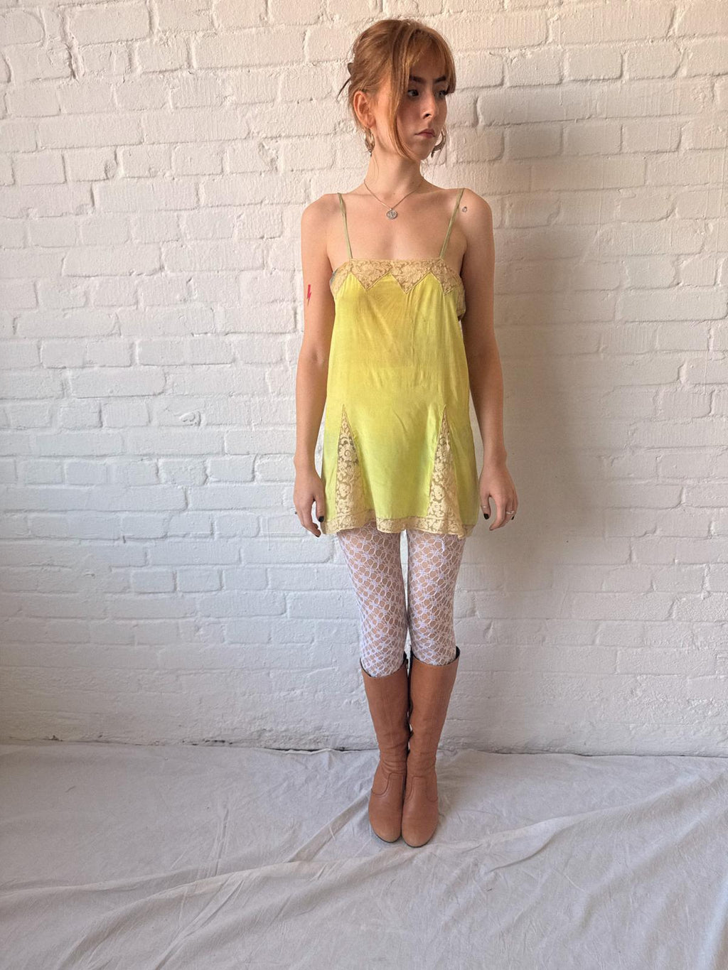 Antique 1920s Chartreuse Silk Lingerie Slip with Lace￼