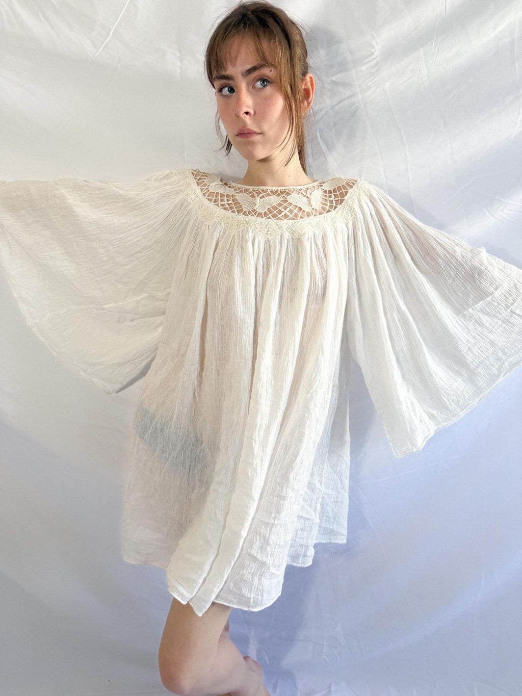 1970s Cotton Gauze Tunic with Butterfly Crochet Neckline