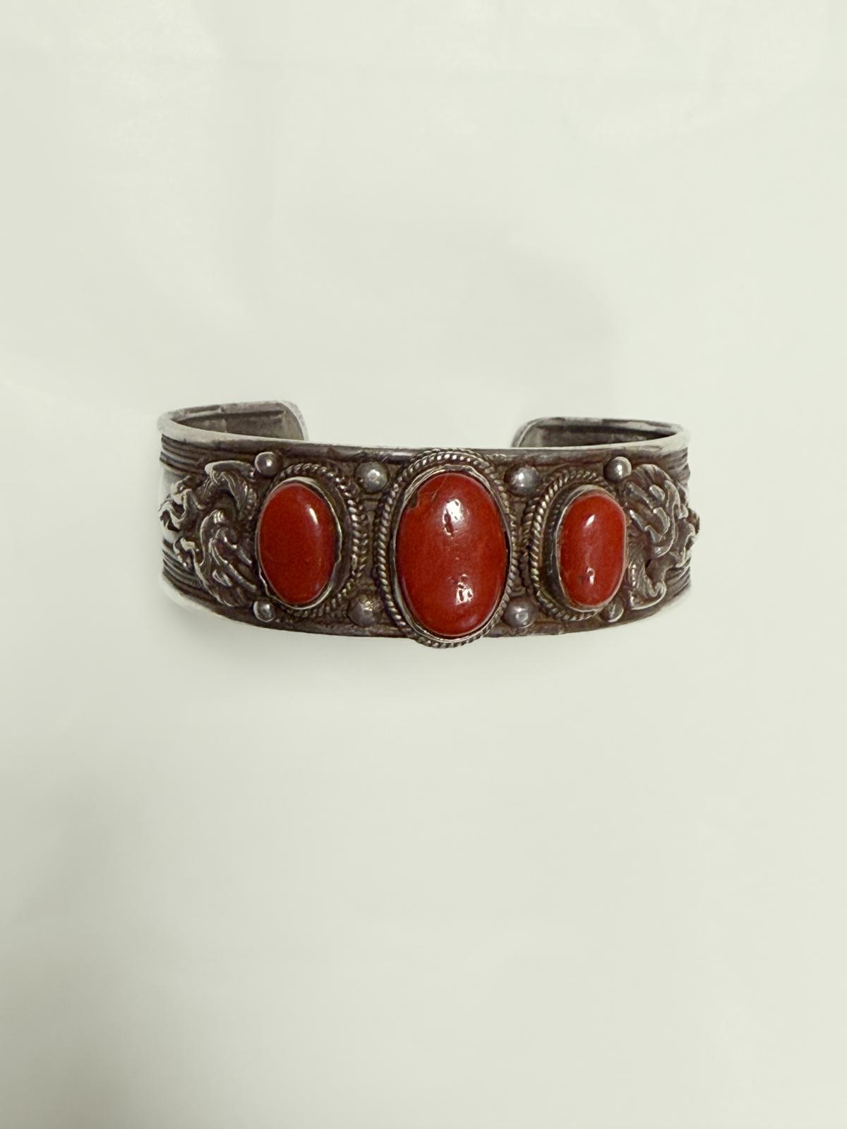 1970s Nepalese Silver & Coral Cuff with Dragon–Serpent Motif